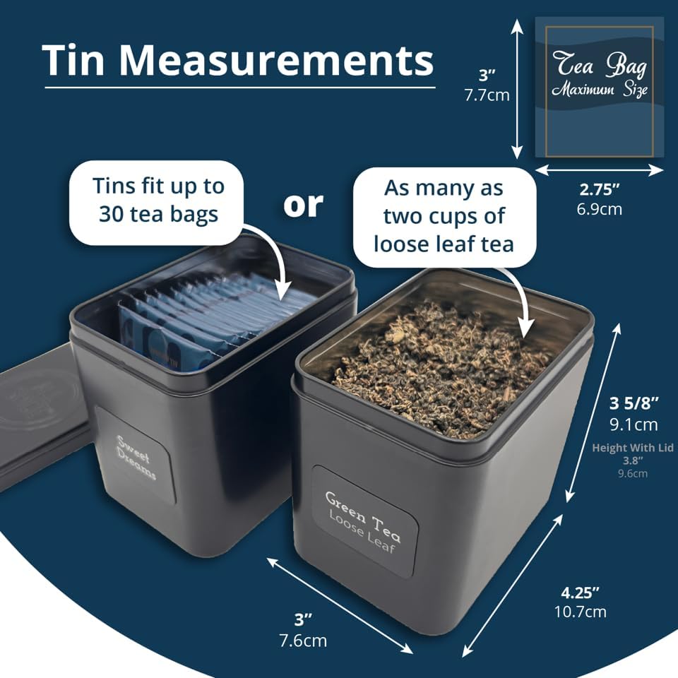 AllSpice Tea Organizer Rack with 9 Tins & 160 Magnetic Labels – Perfect for Bagged & Loose Leaf Tea Organization - Walnut