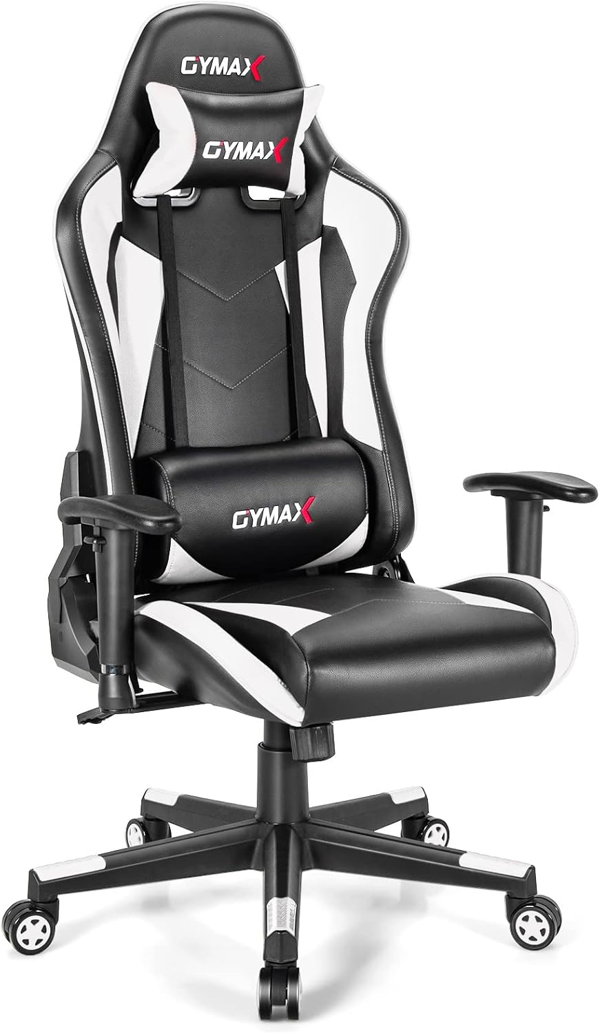 GYMAX Computer Gaming Chair, Racing Style Office Chair with Adjustable Lumbar Support Headrest, 360° Swivel, Height Adjustable Ergonomic Reclining Gaming Chair for Home Office Leisure Room (White)