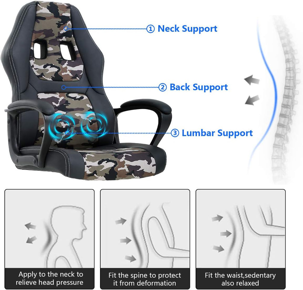 Office Chair Gaming Chair Desk Chair Ergonomic High Back Massage Computer Chair with Lumbar Support & Comfort Armrest PU Leather Rolling Task Racing PC Swivel Executive Chair for Men Women, Camo