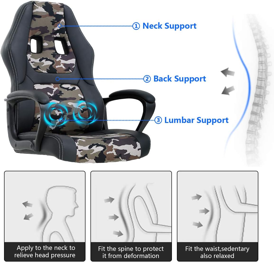 Office Chair Gaming Chair Desk Chair Ergonomic High Back Massage Computer Chair with Lumbar Support & Comfort Armrest PU Leather Rolling Task Racing PC Swivel Executive Chair for Men Women, Camo