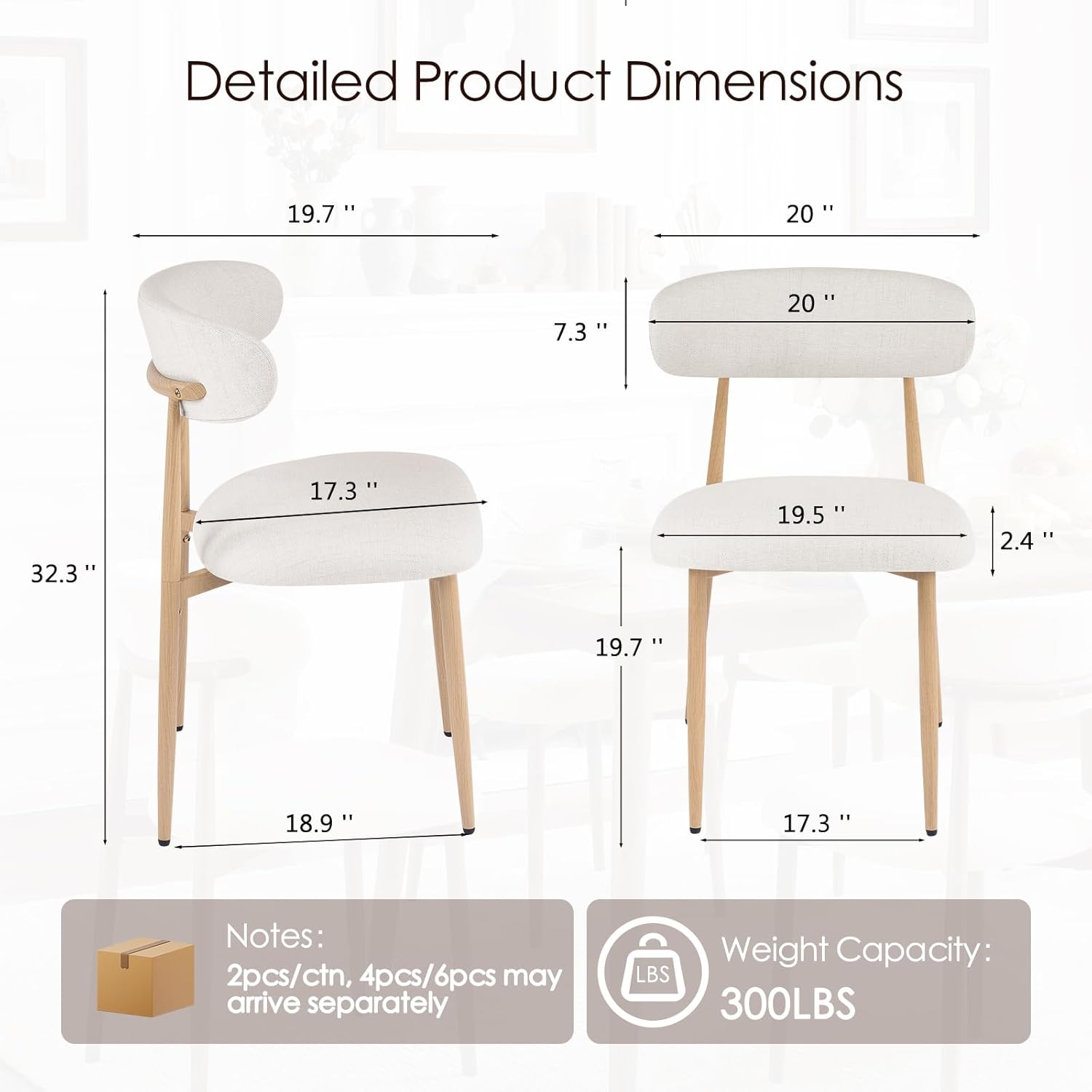 Furniliving Mid Century Modern Dining Chairs Set of 4, 300 lbs Capacity Upholstered Linen Kitchen Chairs with Natural Wood Grain Metal Legs and Ergonomic Curved Back, Beige