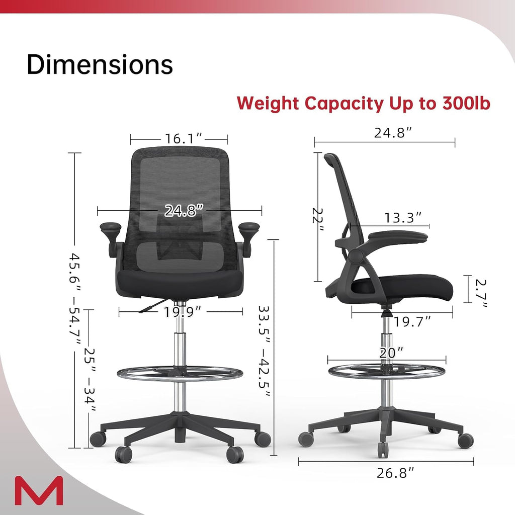 Drafting Chair, Tall Office Chair with Lumbar Support, High Office Chair with Flip up Armrests, Standing Desk Chair with Adjustable Footrest Ring, Breathable Mesh Back, Black