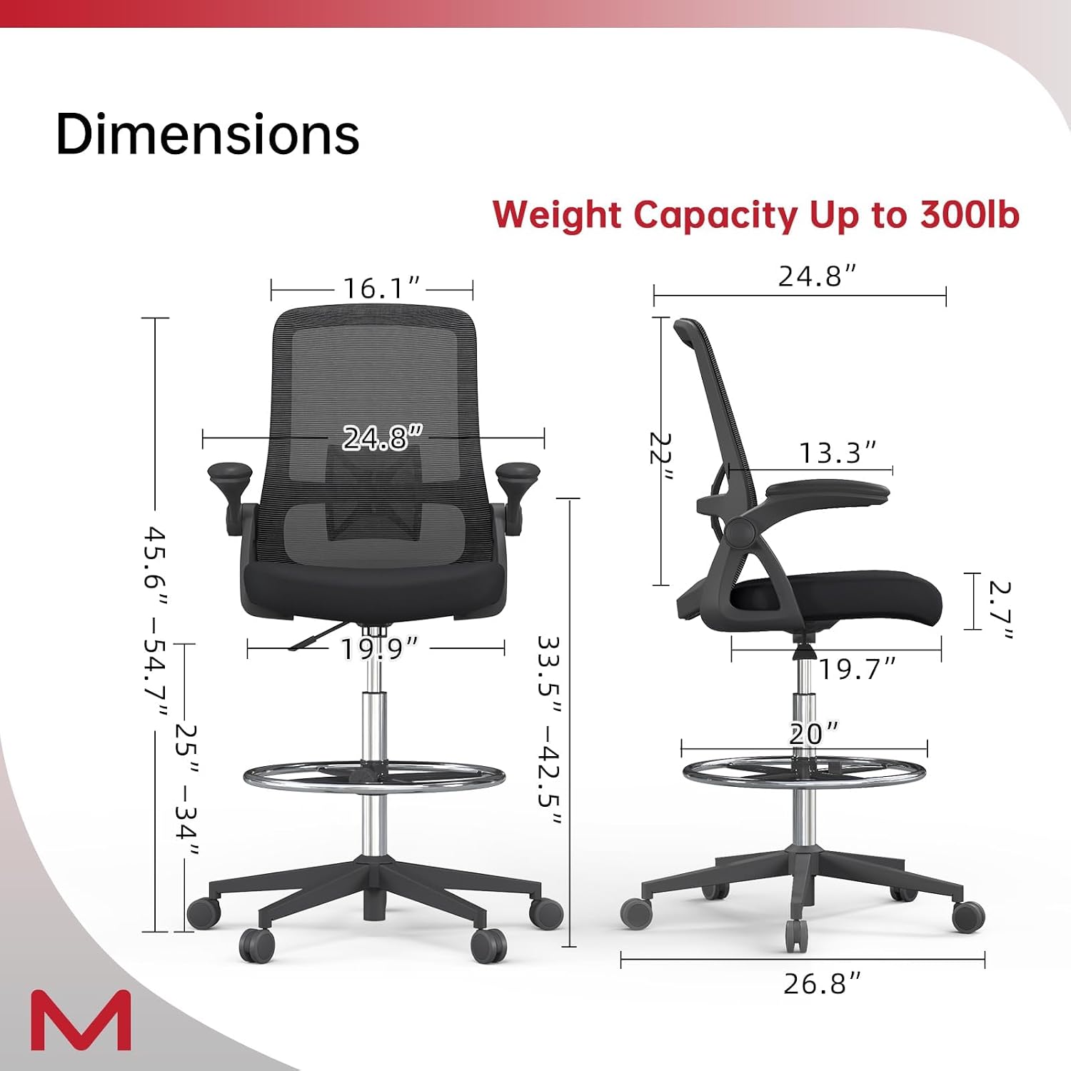 Drafting Chair, Tall Office Chair with Lumbar Support, High Office Chair with Flip up Armrests, Standing Desk Chair with Adjustable Footrest Ring, Breathable Mesh Back, Black