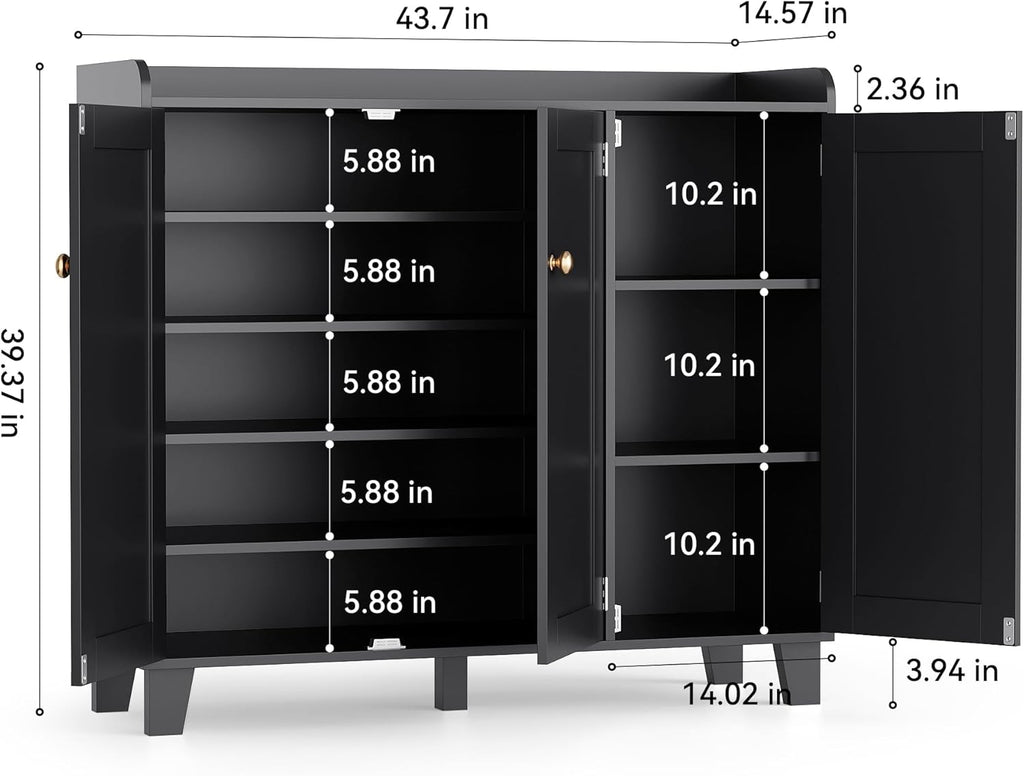 Shoe Storage Cabinet with 3 Doors and Adjustable Shelves，40 Inch Tall Farmhouse Flat-Shelf Wooden Shoe Cabinet，Shoe Rack Shoe Organizer Cabinet for Hallway Entryway Living Room （Black）