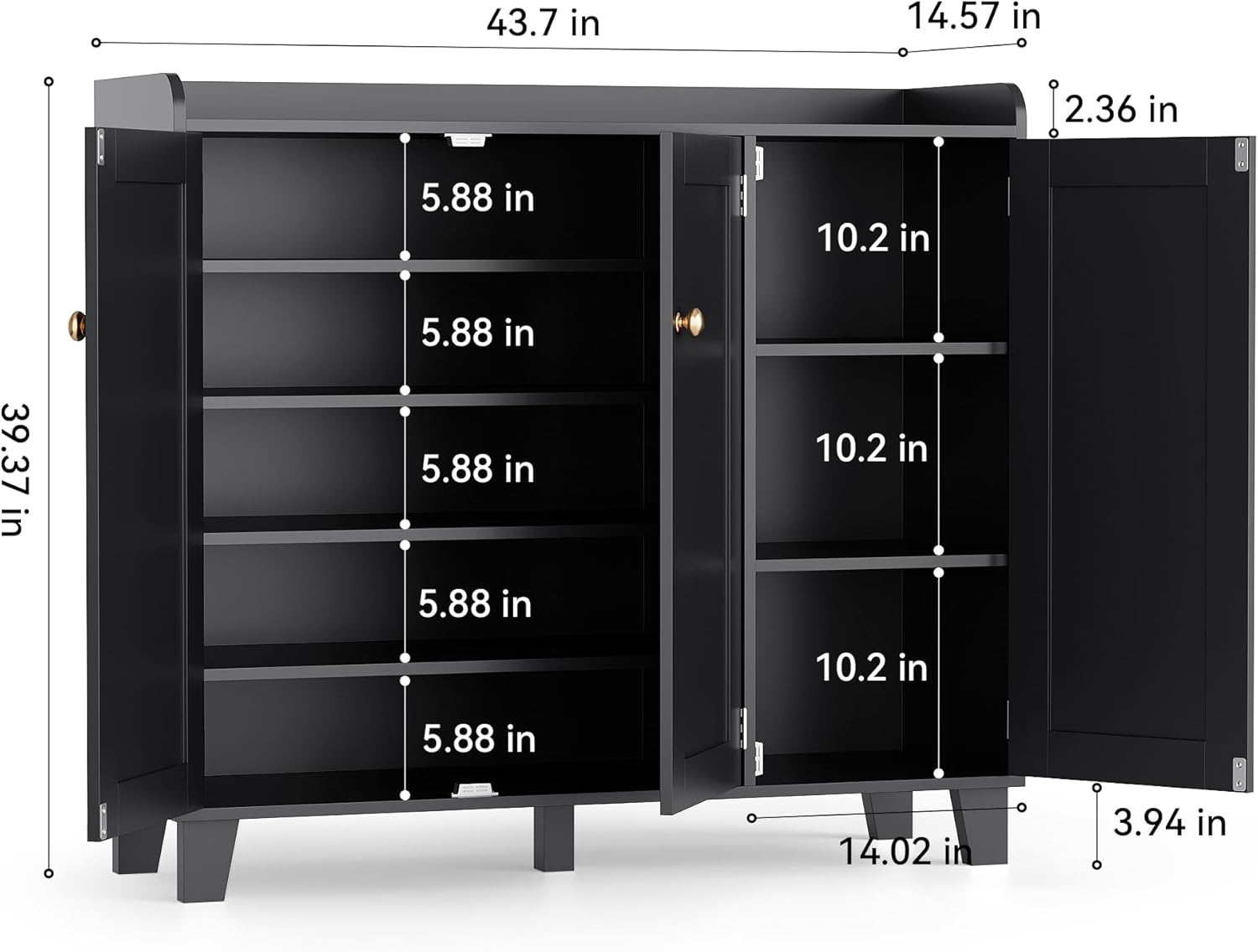 Shoe Storage Cabinet with 3 Doors and Adjustable Shelves，40 Inch Tall Farmhouse Flat-Shelf Wooden Shoe Cabinet，Shoe Rack Shoe Organizer Cabinet for Hallway Entryway Living Room （Black）
