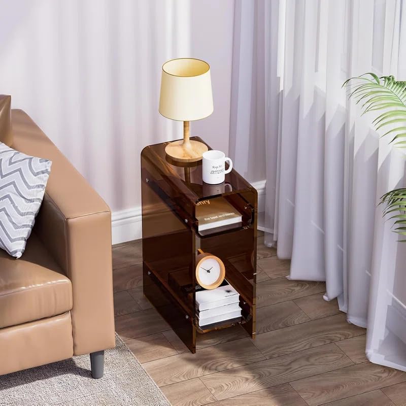 Acrylic End Table with Storage, Narrow Slim Side Table for Small Spaces Skinny nightstand Bedside Table for Bedroom, Living Room, Office (Brown)