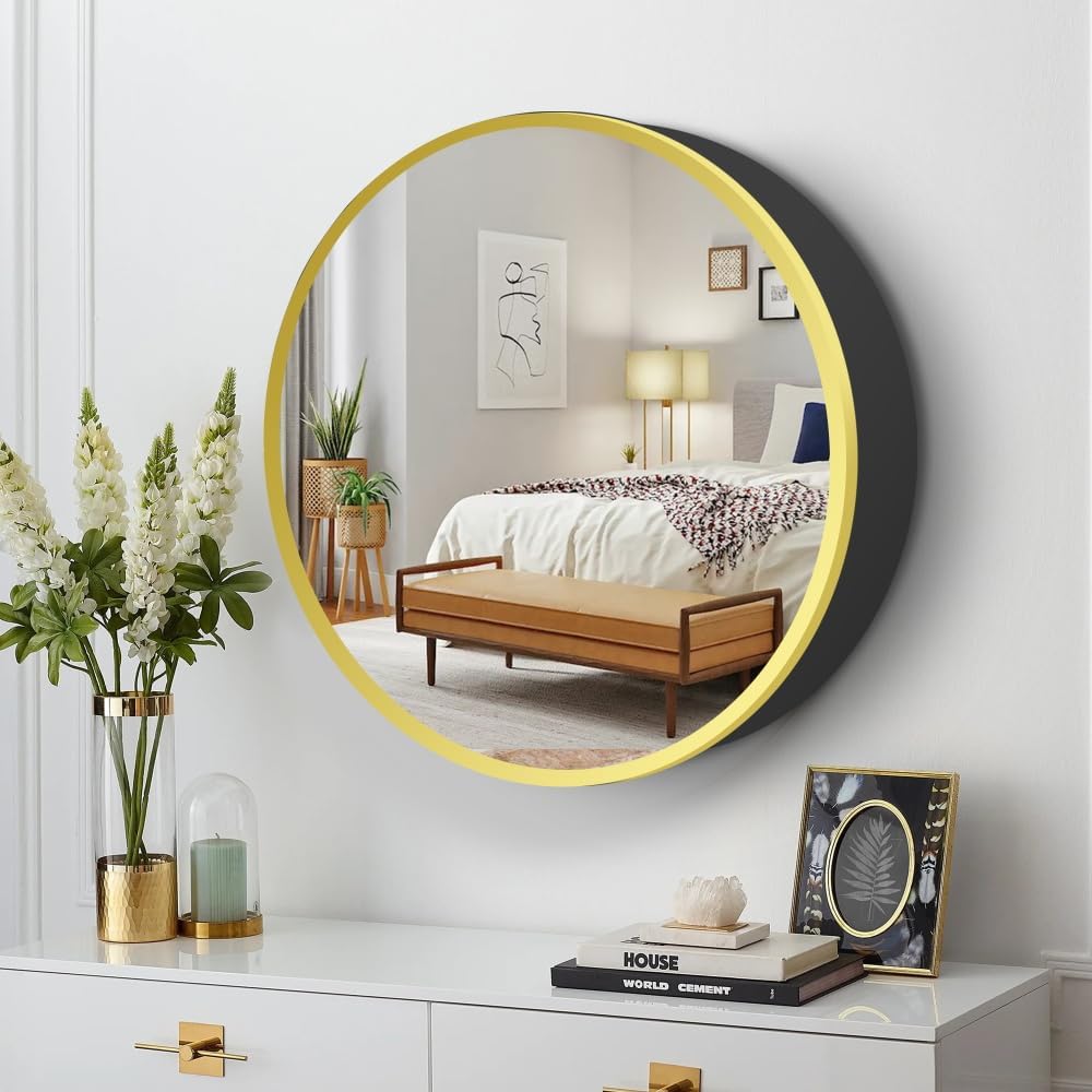 Movo 26 Inch x 26 Inch Round Circle Black Aluminuml Framed Bathroom Mirror Medicine Cabinet, Circular Storage Cabinet Surface Mounted Gold