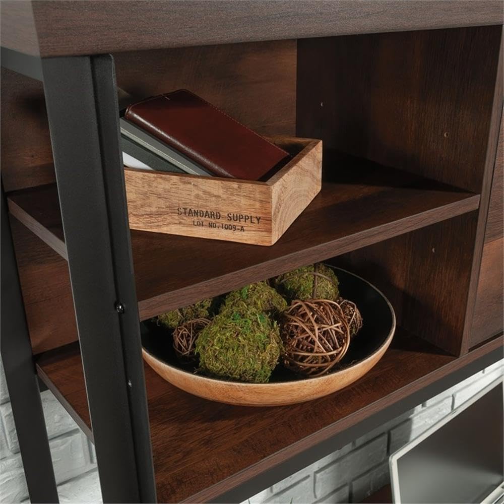 Pemberly Row Contemporary Hutch, 60 in Wide, Engineered Wood and Metal, Barrel Oak Finish, Attaches to Computer Desk, Barrister Door, 2 Adjustable Shelves, Office Storage Organizer