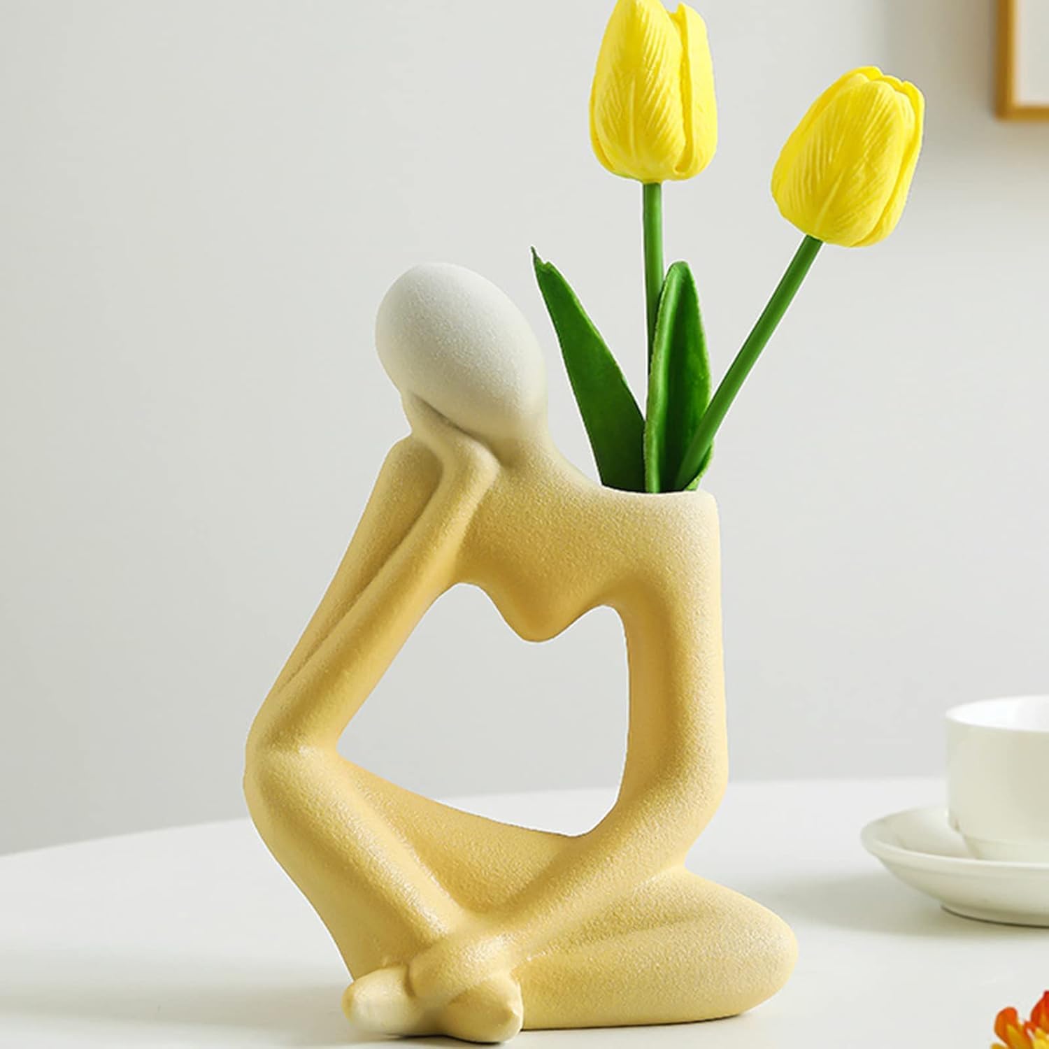 Arawat Ceramic Thinker Vase Yellow Flower Vase for Home Decor Modern Cute Boho Vases for Table Room Decor Unique Aesthetic Ceramic Decorative Vases for Centerpieces Birthday Gifts for Women Men