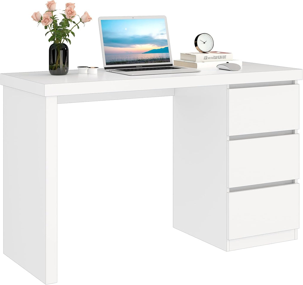 furtble White Desk with Drawers, 43'' W Home Office Computer Desk Gaming Table, Modern Vanity Desk with Storage, Wood Writing Workstation for Bedroom, Living Room, White
