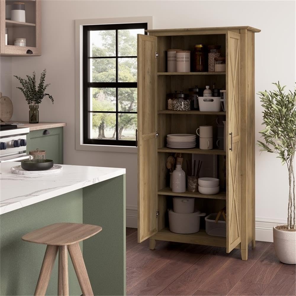 Pemberly Row Tall Kitchen Pantry Cabinet, Reclaimed Pine Finish, Freestanding Storage with Doors and Shelves, Farmhouse Style, Adjustable Shelves, Wall Attachment, Versatile Kitchen or Dining Room Use