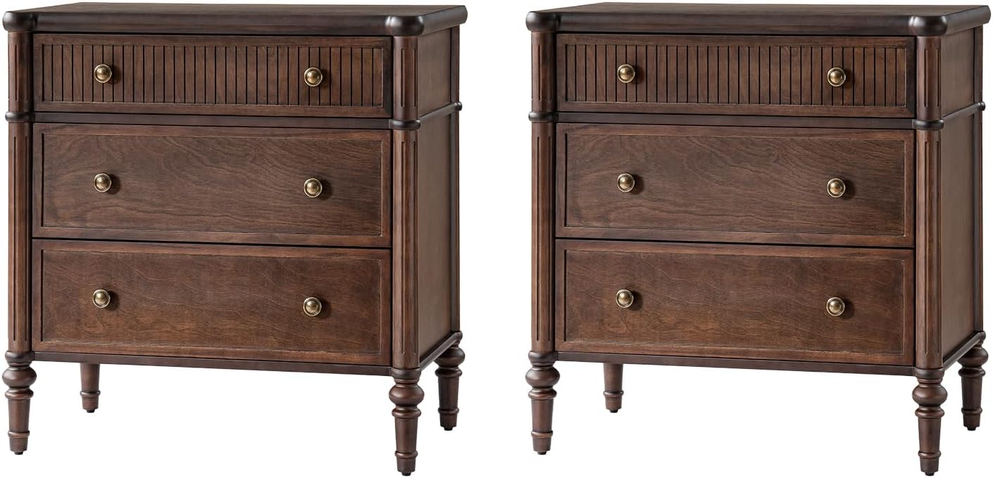 HULALA HOME Traditional End Table with Charging Station, Fluted End Tables with Wood Drawers and Solid Wood Spindle Legs, 28 Inch Wide Storage Set of 2, Walnut