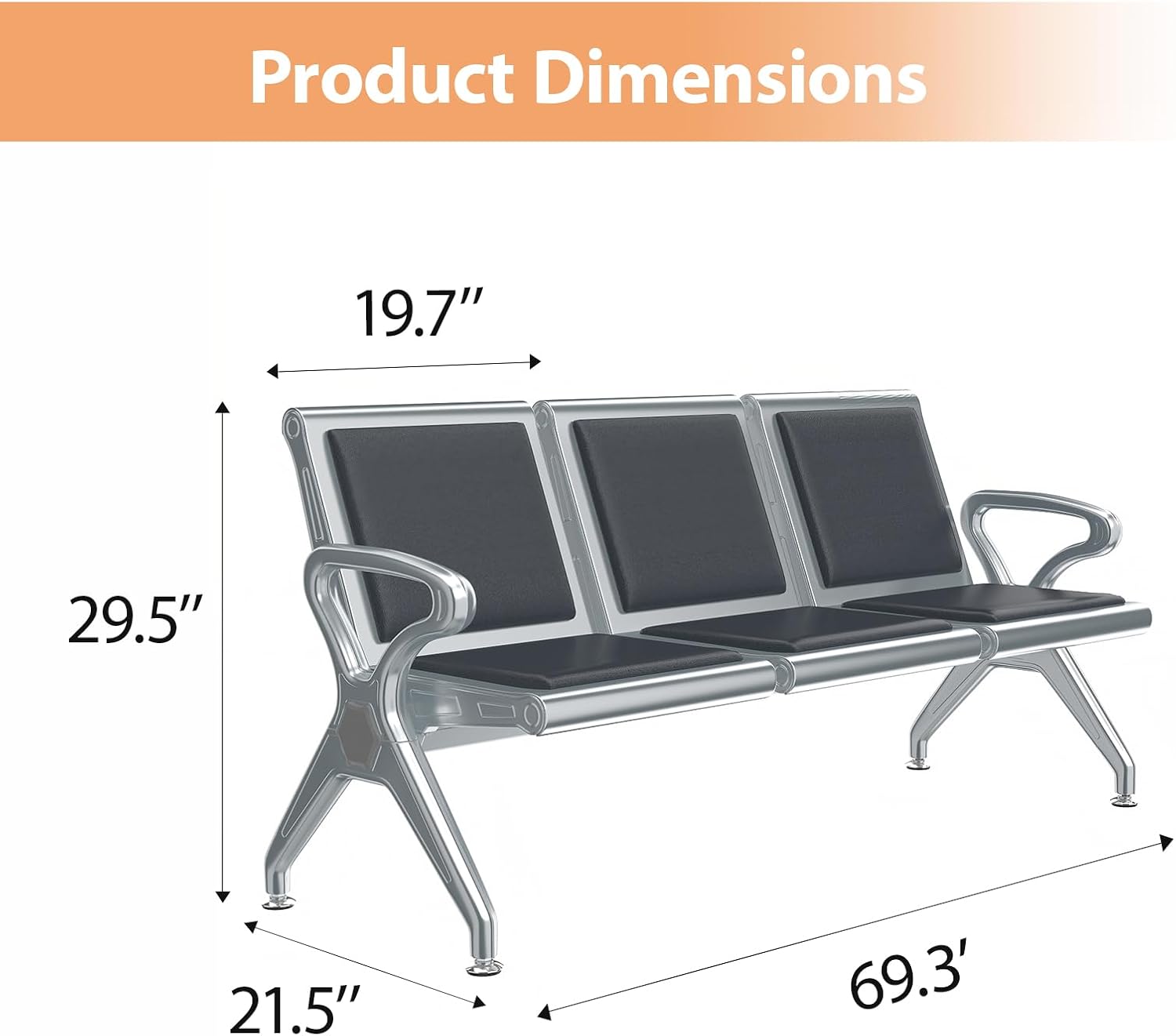 Kinfant 3-Seat Waiting Room Bench - PU Leather Waiting Room Chairs with Arms Airport Reception Bench, Lobby Bench Seating Office Bench Waiting Area Chairs for Airport Business Hospital Market