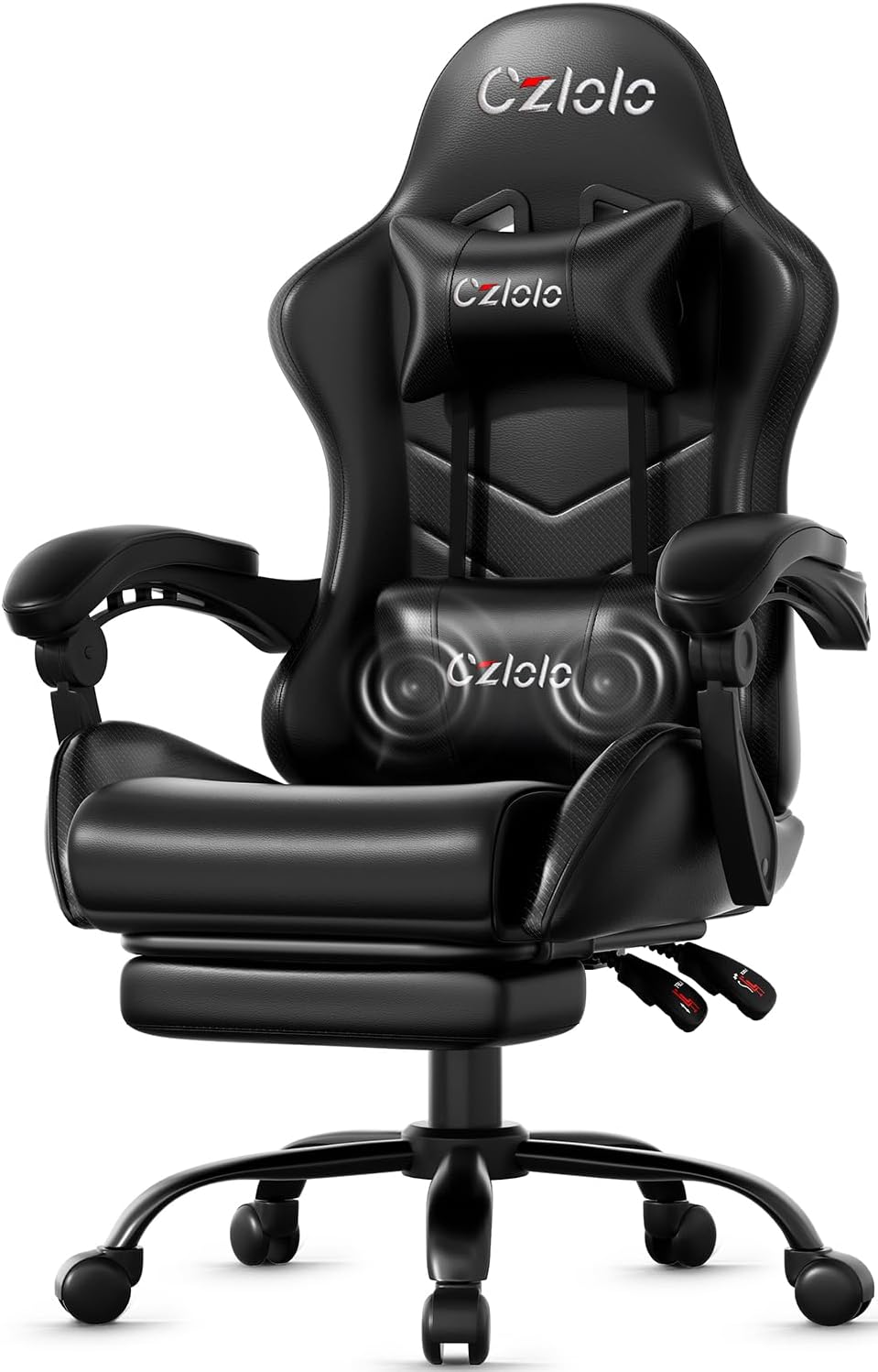 Czlolo Gaming Chair, Ergonomic Office Computer Chair with Footrest and Lumbar Support Massager Racing Style High Back Video Gamer Chair, Wide＆Thick Cushion, 90°-135° Recline, Adjustable Height, Black