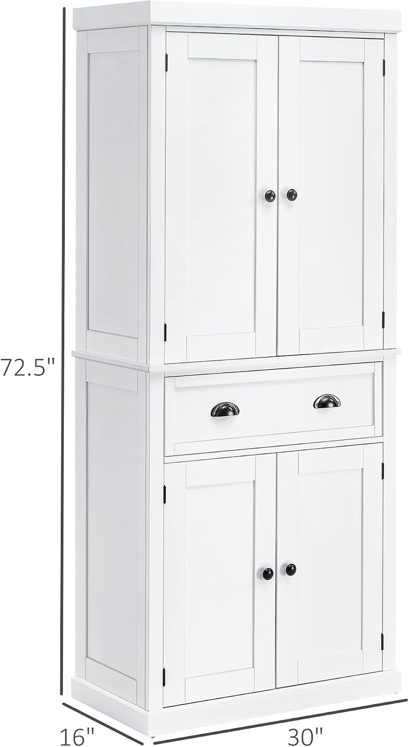 72" Freestanding Kitchen Pantry Cabinet, Tall Storage Cabinet with 2 Door Cupboards, Drawer and Adjustable Shelves, White,16 * 30 * 72.5
