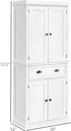 72" Freestanding Kitchen Pantry Cabinet, Tall Storage Cabinet with 2 Door Cupboards, Drawer and Adjustable Shelves, White,16 * 30 * 72.5