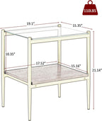 Modern Tempered Glass End Table, 19.1"L x 15.35"W Side Table with Sturdy Iron Legs & MDF Storage Shelf, Modern Table for Living Room, Bedroom, Small Spaces, Easy Assembly (Gold + Brown + Transparent)
