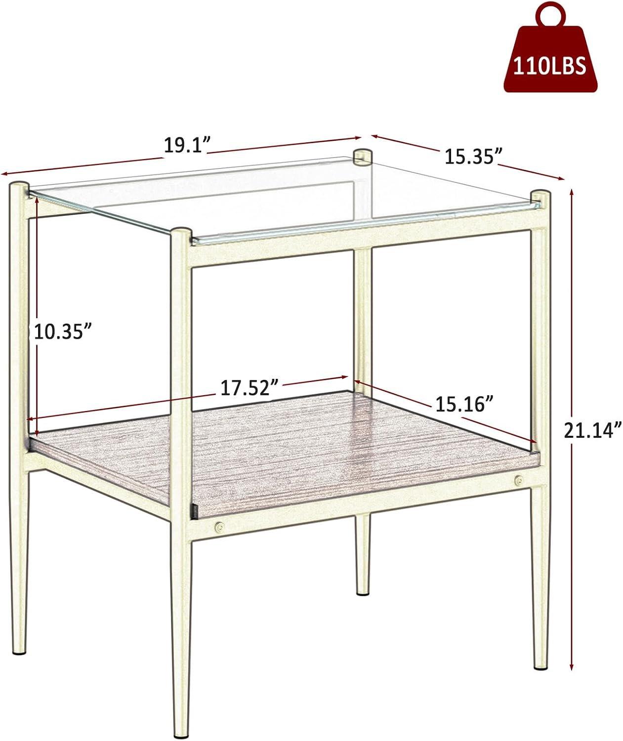 Modern Tempered Glass End Table, 19.1"L x 15.35"W Side Table with Sturdy Iron Legs & MDF Storage Shelf, Modern Table for Living Room, Bedroom, Small Spaces, Easy Assembly (Gold + Brown + Transparent)