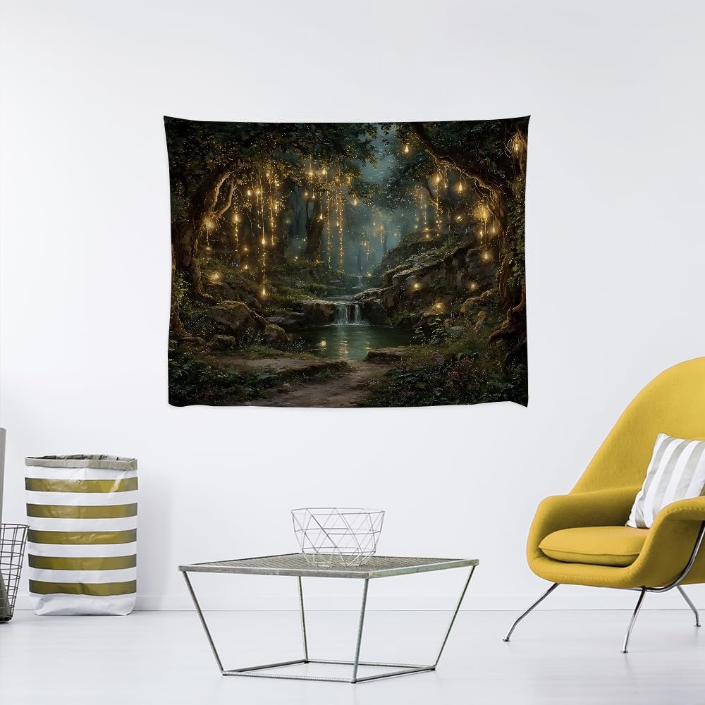 xyeey Gothic Fantasy Enchanted Forest Tapestry Mystical Waterfall Painting Wall Hanging Decor Fairy Lights Nature Landscape Art Vintage Tapestries for Living Room Gallery Wall Decor white60x80inch