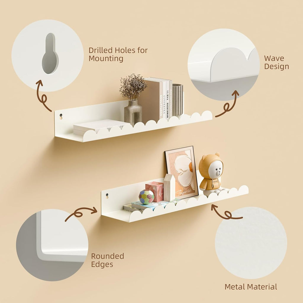 Nursery Book Shelves,Kids Bookshelf and Toy Storage,17 Inch Metal Floating Shelves Set of 4,Wall Shelves for Bedroom, Kids Room,Bathroom,Kitchen,Playroom Decor,Nursery Decor (White Metal, 17 inch)