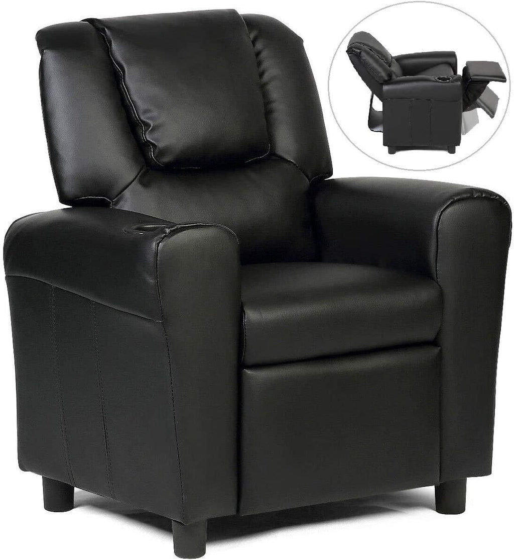 ARLIME Kids Recliner Chair, Toddler Armchair Upholstered Couch with Cup Holder, Backrest, Baby Leather Sofa with Headrest and Footrest, Child Furniture for Ages 2-7 (Black)