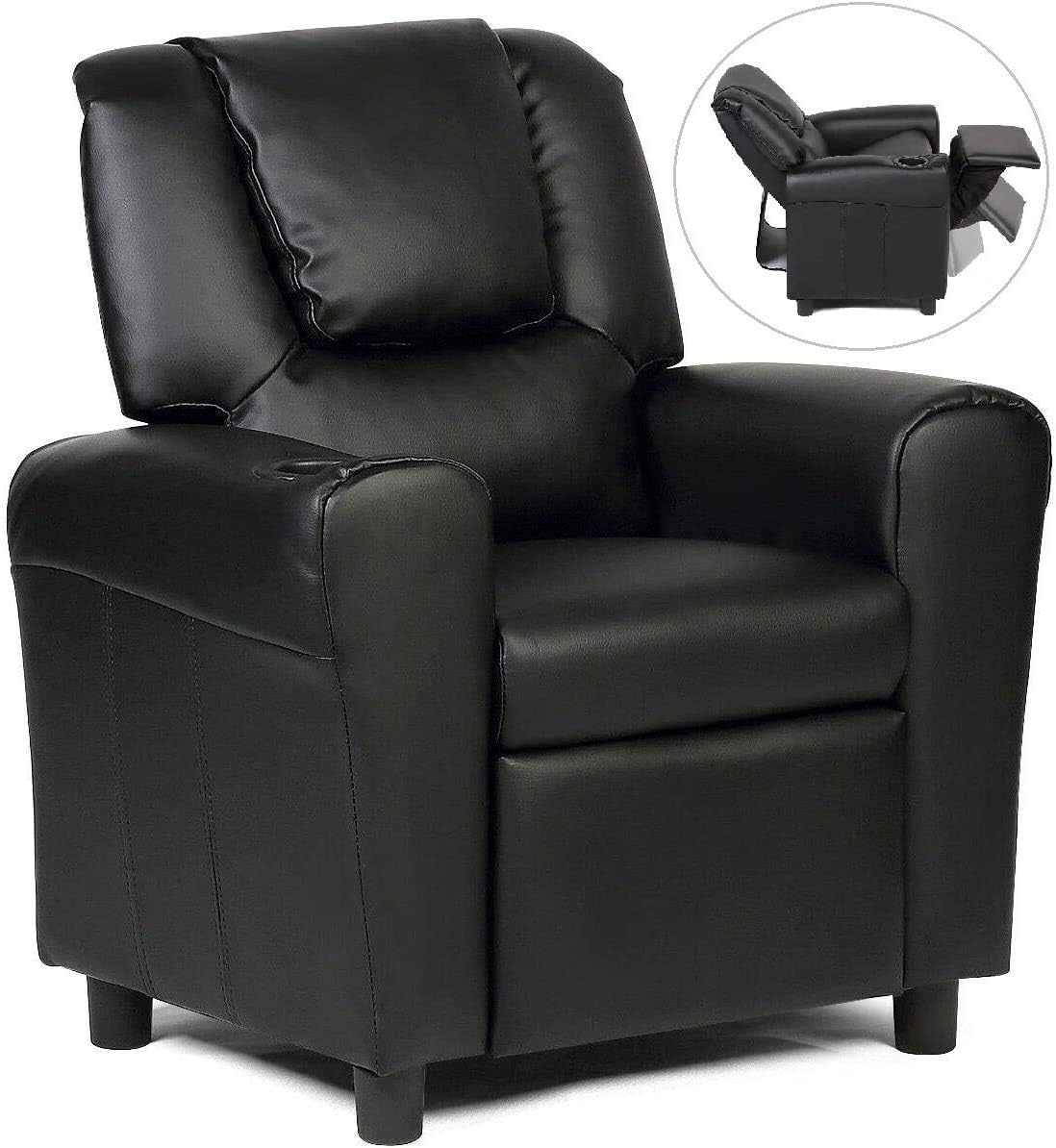ARLIME Kids Recliner Chair, Toddler Armchair Upholstered Couch with Cup Holder, Backrest, Baby Leather Sofa with Headrest and Footrest, Child Furniture for Ages 2-7 (Black)