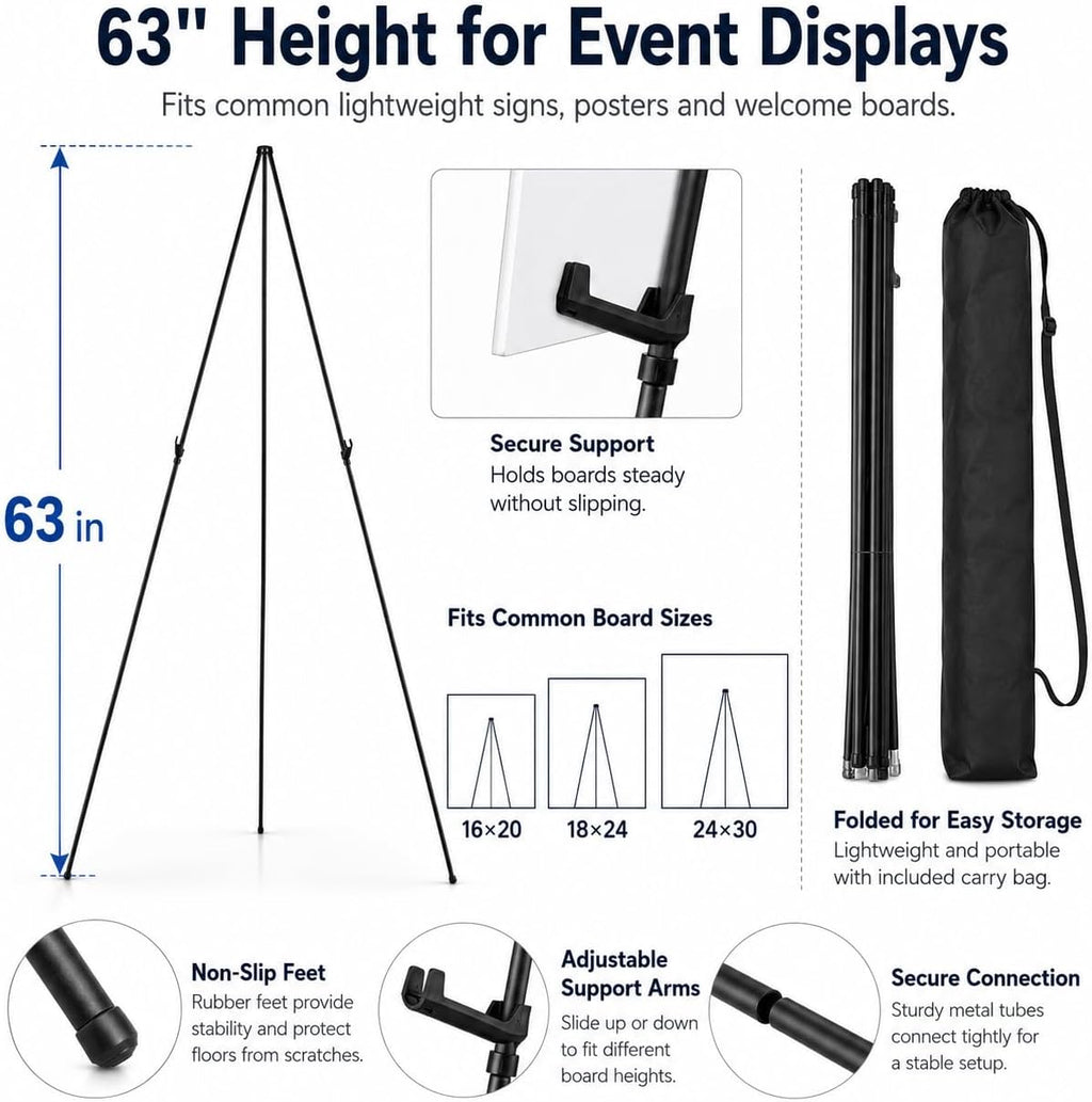 RRFTOK Easel Stand for Sign,63'' Instant Lightweight Portable Ground Easel for Wedding Sign and Poster Display Stand, Metal Tripod with Portable Bag,1-Pack.