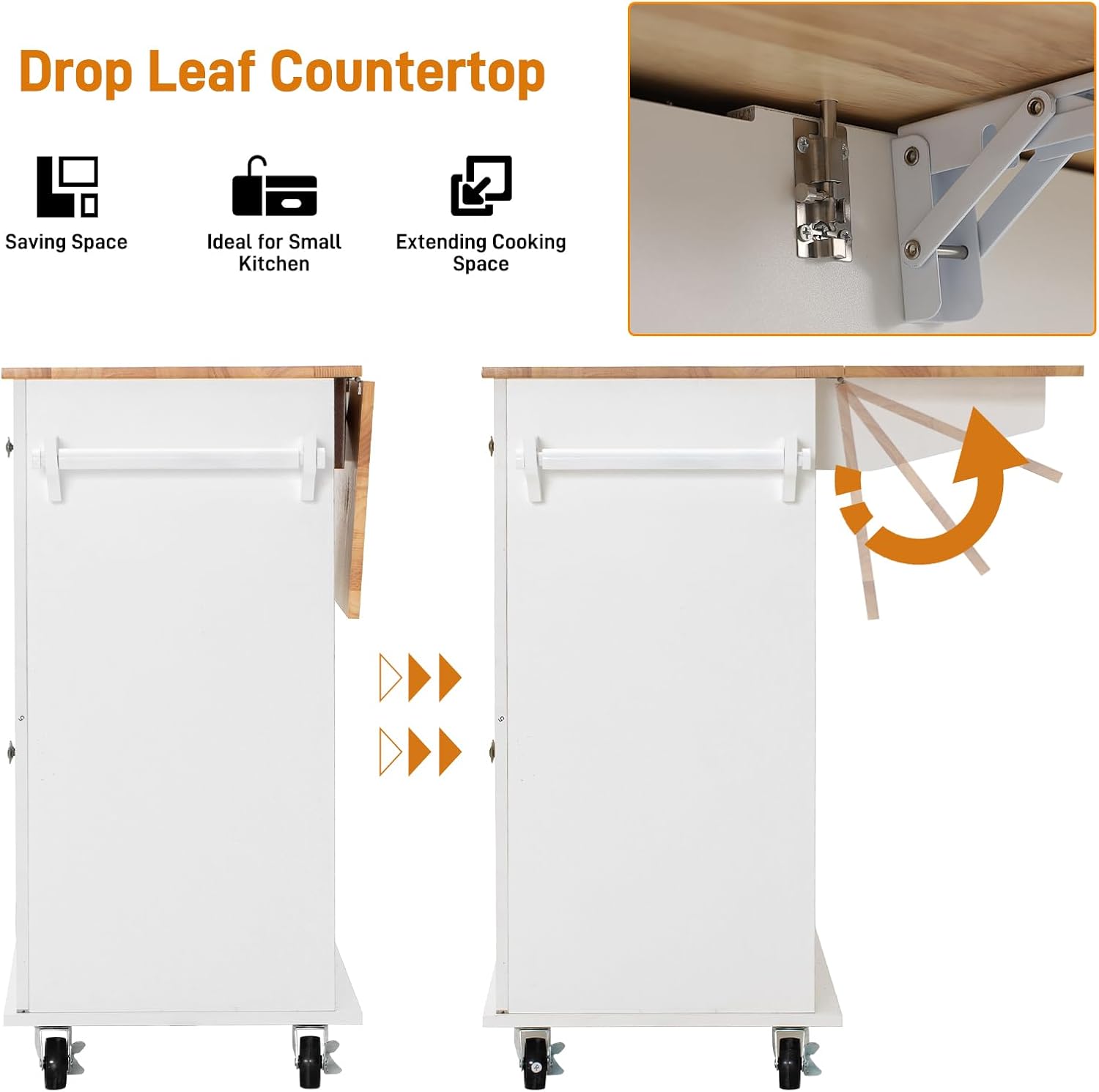 Squireewo 59" Kitchen Cart with Wood Top and Drop Leaf Breakfast Bar, Rolling Mobile Kitchen Island Table on Wheels with Drawer and Storage Cabinet, Spice Rack, Towel Rack, White