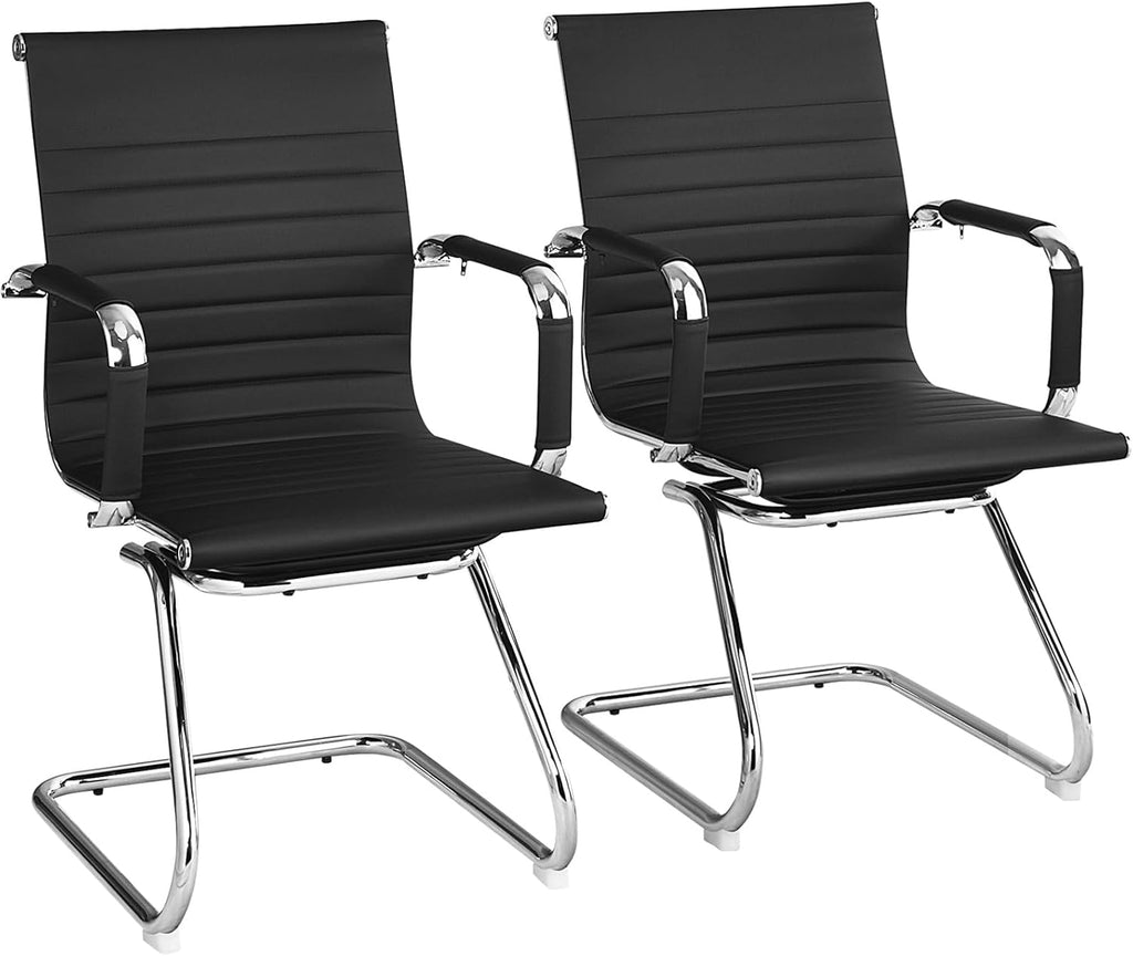 Tangkula Office Guest Chair Set of 2, Heavy Duty Reception Chairs Conference Room Chairs with Protective Arm Sleeves & Sled Base, Modern PU Leather Classic Mid Back Guest Chairs no Wheels