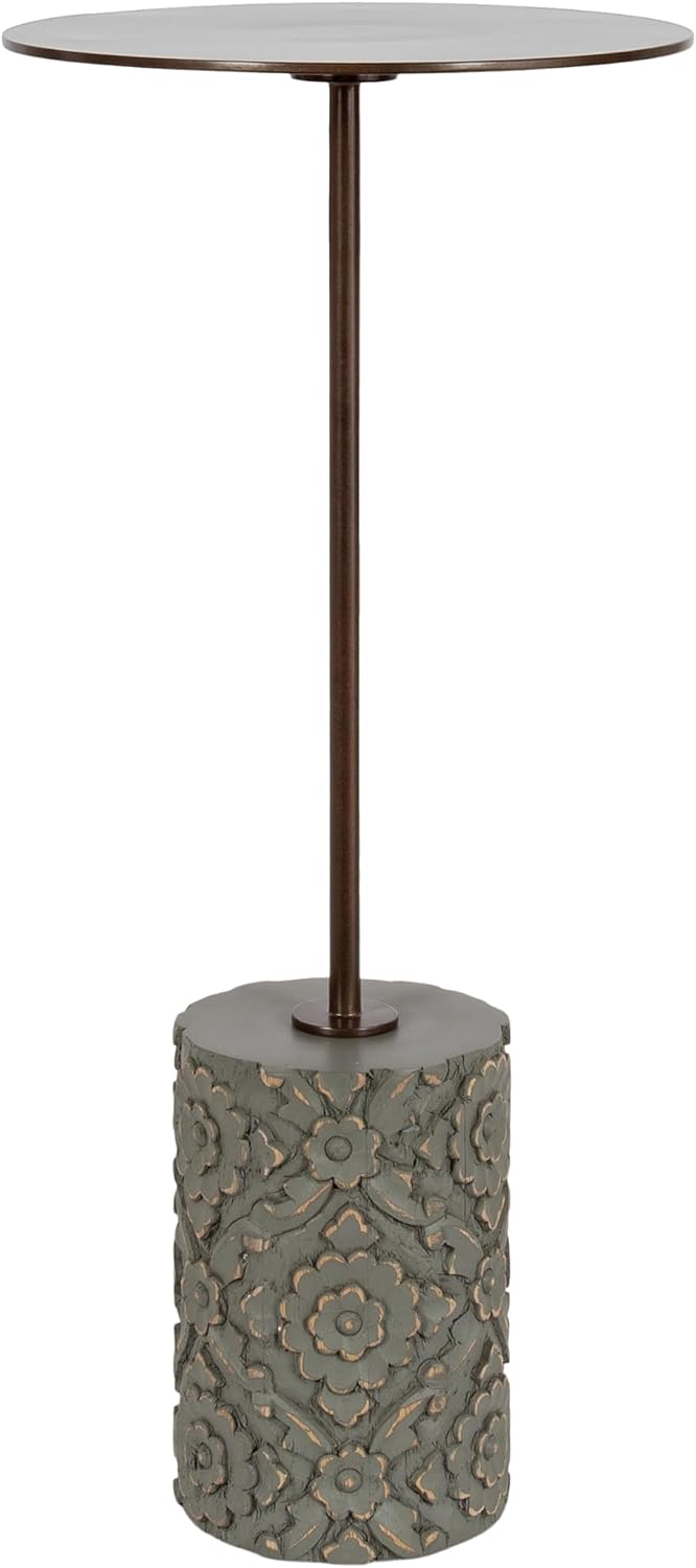 Kate and Laurel Joya Modern Round Drink Table with Carved Wood Base, 10 x 10 x 22, Bronze and Green, Transitional Wood and Metal Pedestal Table for Use as Indoor Plant Stand or Living Room Decor