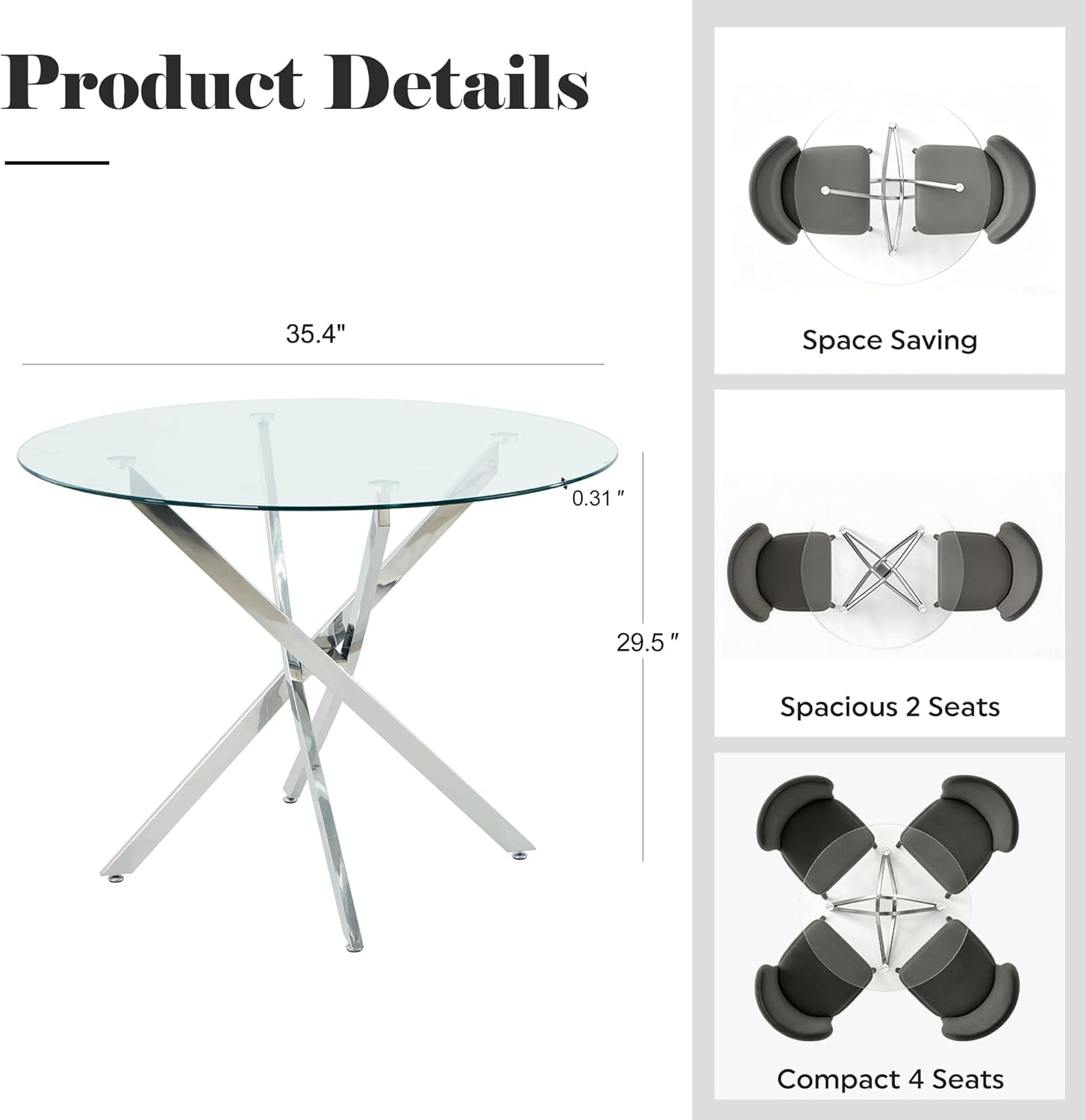 36-Inch Round Tempered Glass Dining Table for 2-4 Person Space-Saving Small Kitchen Table with Heavy-Duty Metal Legs Perfect for Dining Room, Apartment, Condo (Silver)