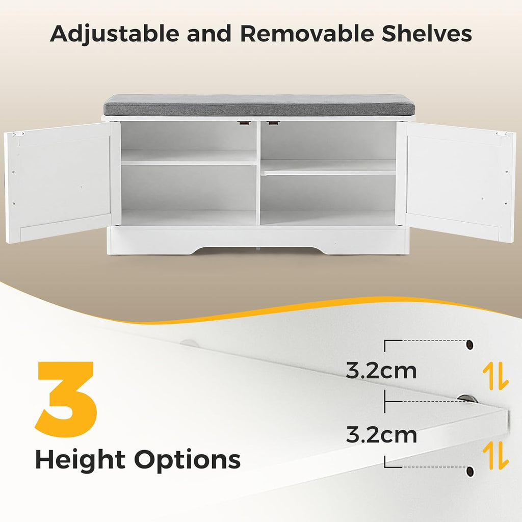 Shoe Bench, 39" Wide Bench with Storage with Padded Seat Cushion, Spacious Shoe Storage Benches with 2 Doors & Adjustable Shelf for Entryway, Bedroom, Living Room, White