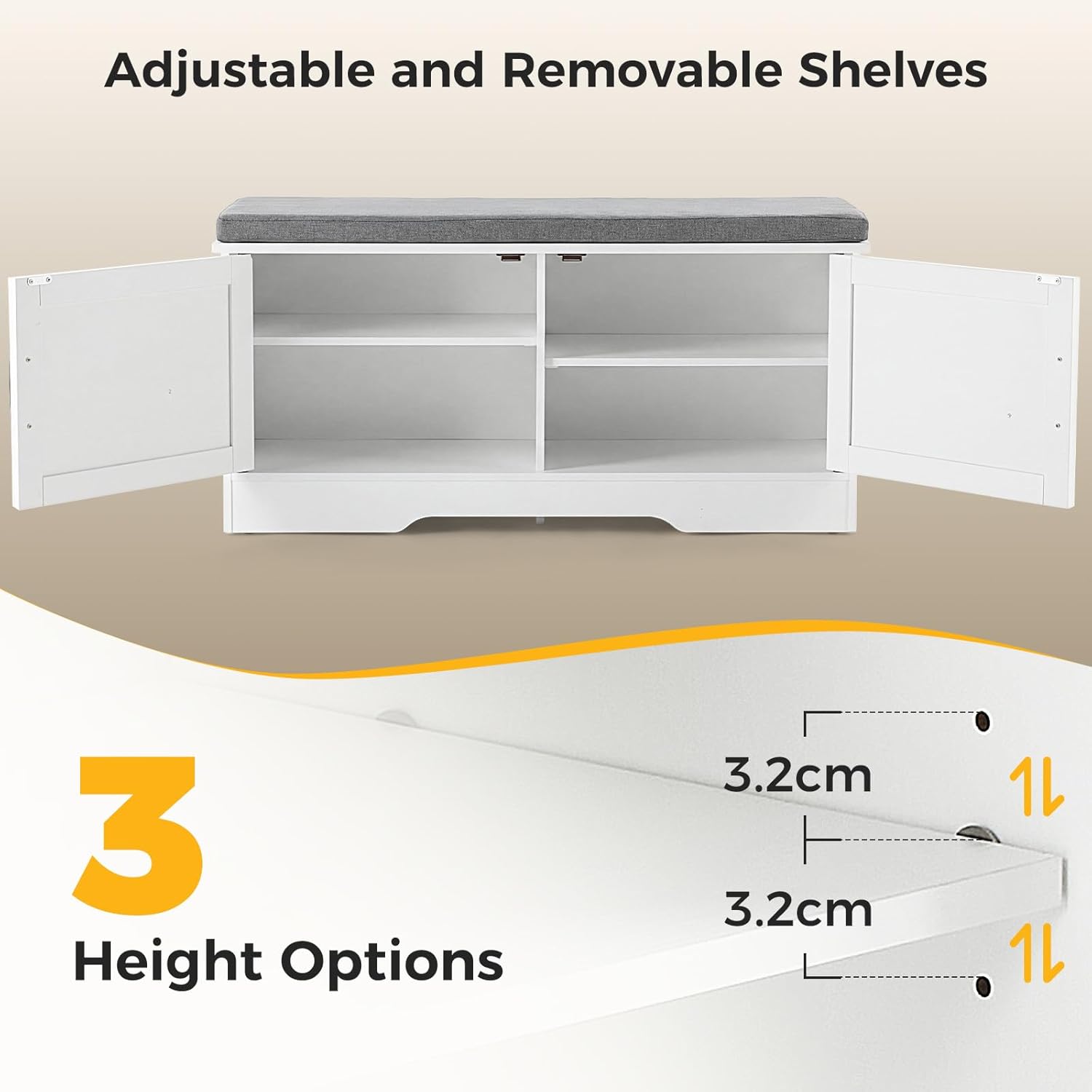 Shoe Bench, 39" Wide Bench with Storage with Padded Seat Cushion, Spacious Shoe Storage Benches with 2 Doors & Adjustable Shelf for Entryway, Bedroom, Living Room, White