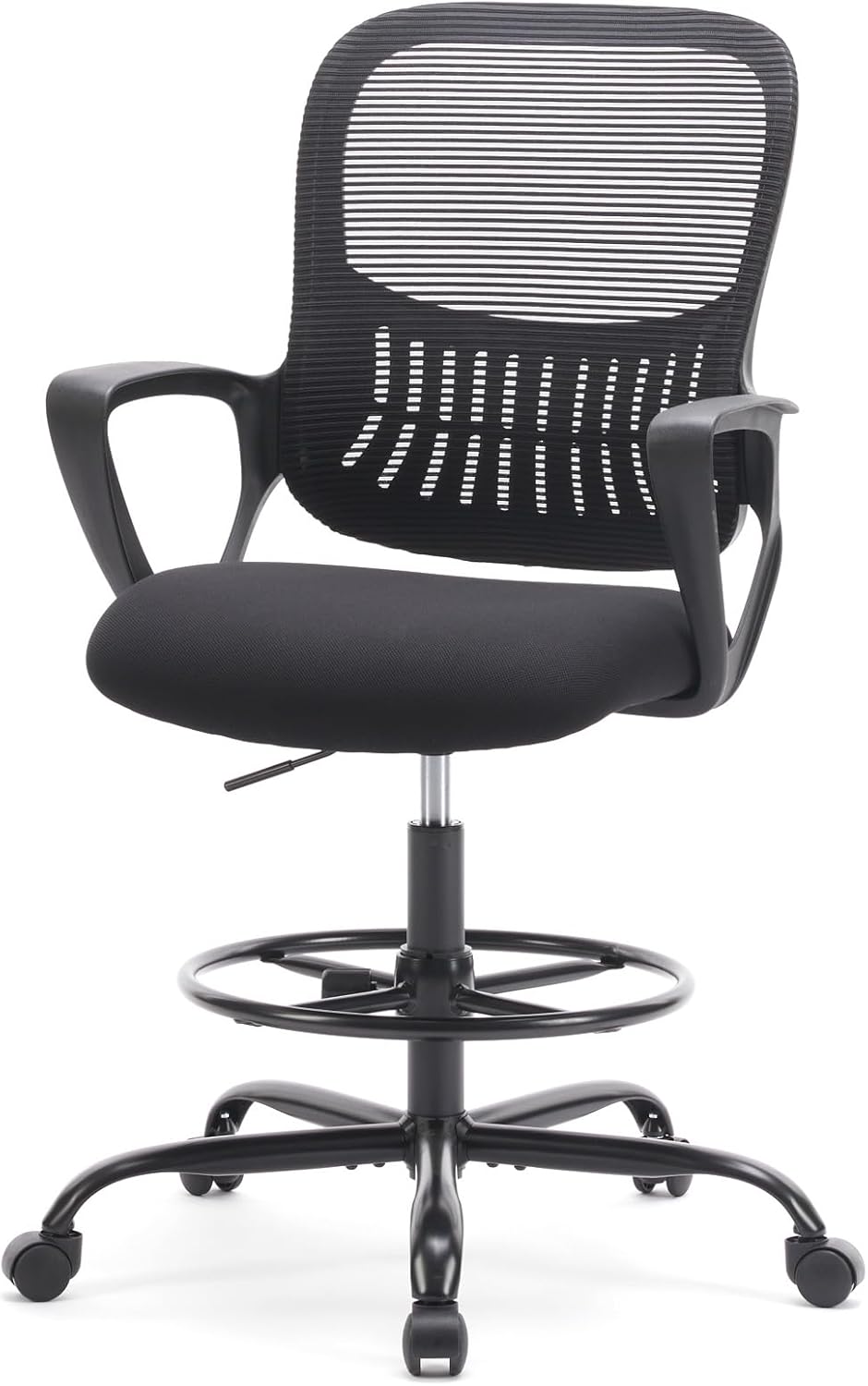 DUMOS Drafting Chair - Counter Height Adjustable Tall Office Desk Chair with Fixed Armrests and Comfortable Lumbar Support for Standing Desk, for Bedroom Livingroom, Black