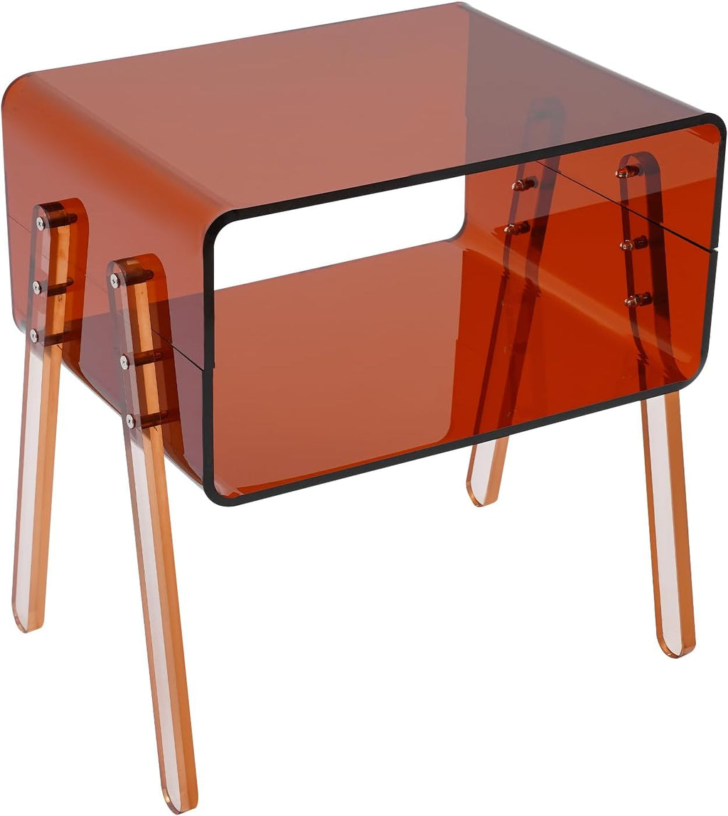 TFCFL Acrylic Side Table, Clear Record Player Table, 2-Tier End Table with Open Storage for Small Spaces, Nightstand Bedside Table for Bedroom, Living Room, 15.75" W X 11.81" D X 17.01" H (Brown)