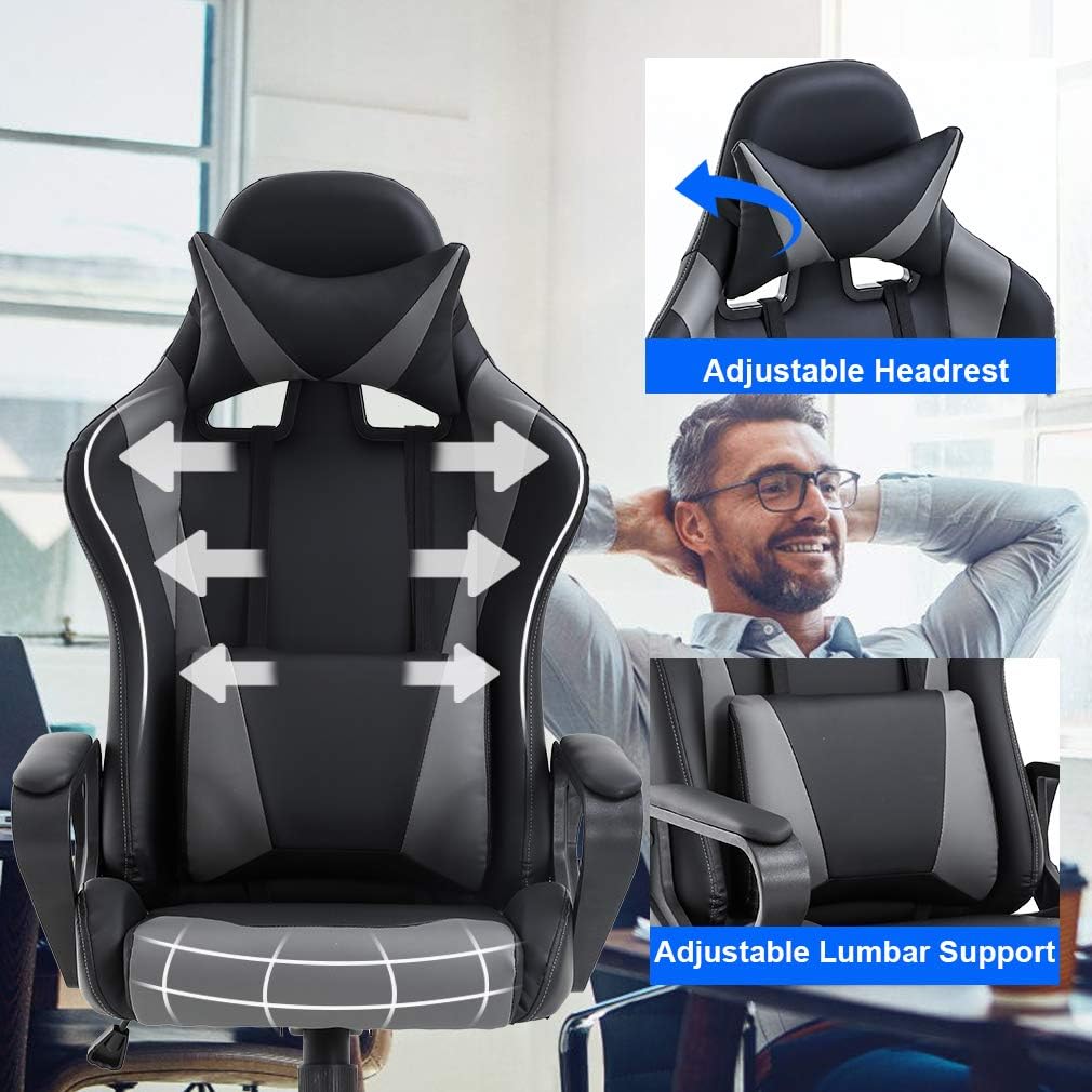 Gaming Chair Office Chair Desk Chair with Lumbar Support Arms Headrest High Back PU Leather Ergonomic Massage Racing Chair Rolling Swivel Executive Adjustable Computer Chair for Adults Girls(Grey)