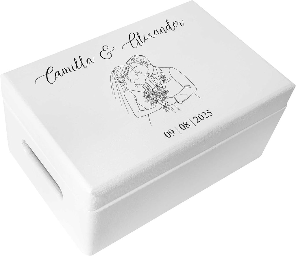 Creative Deco Personalized White Wooden Storage Box Wedding Box | 11.8x7.87x5.51in (+-0.5) | Couple | Hinged Lid Handles Engraving | Gift Box | UNSANDED Keepsake Souvenir Chest