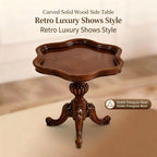 Solid Wood Carved Side Table, Vintage Round End Table with Raised Edge, Tripod Base for Living Room Sofa Bedroom Nightstand (Walnut)