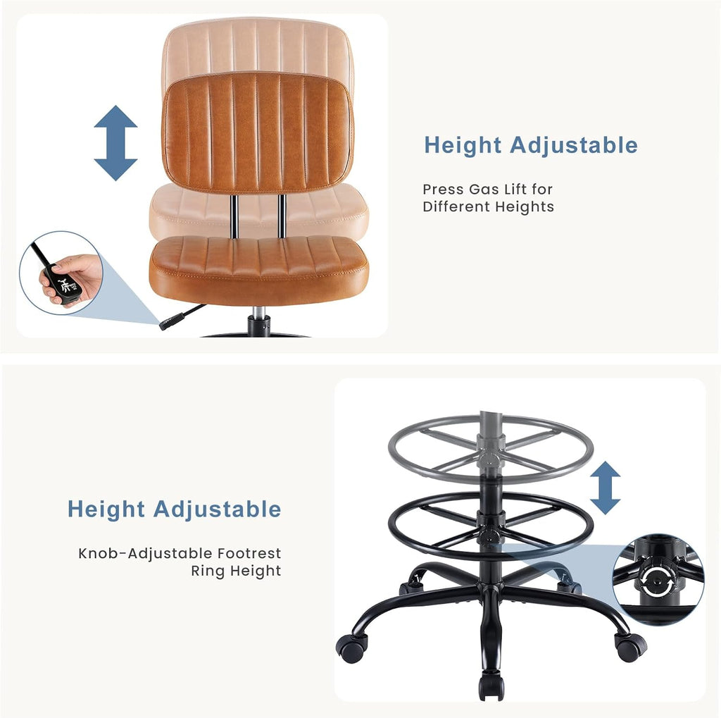 DUMOS Armless Drafting Chair, Low Back Office Seat with Adjustable Footrest Ring for Standing Desk, Ergonomic PU Leather Office Seating, Swivel Rolling High Stool for Studio, Lab, Counter, Brown
