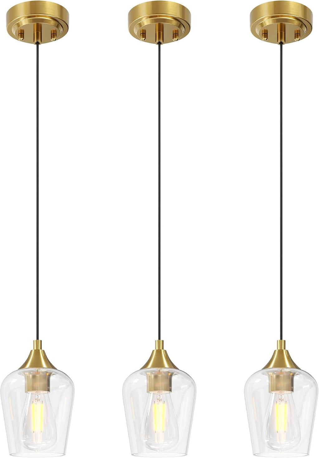 VONLUCE Pendant Lights Kitchen Island, Brushed Gold Pendant Light Fixtures with E26 Base & Adjustable Cable, Modern Pendant Lighting with Glass Shade for Living Room Bedroom Hallway, 3 Packs