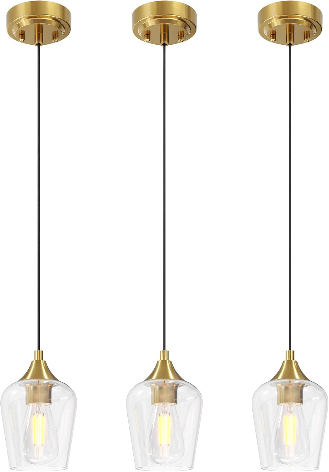 VONLUCE Pendant Lights Kitchen Island, Brushed Gold Pendant Light Fixtures with E26 Base & Adjustable Cable, Modern Pendant Lighting with Glass Shade for Living Room Bedroom Hallway, 3 Packs