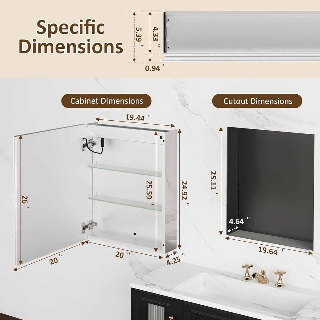 Lighted Medicine Cabinet with Mirror 20x26 IN, LED Medicine Cabinet Mirror with 3-Colors Dimmable Light, Defog, Medicine Cabinet with Lights Built-in Sensing Light, 2 Outlets, Recessed or Wall Mount
