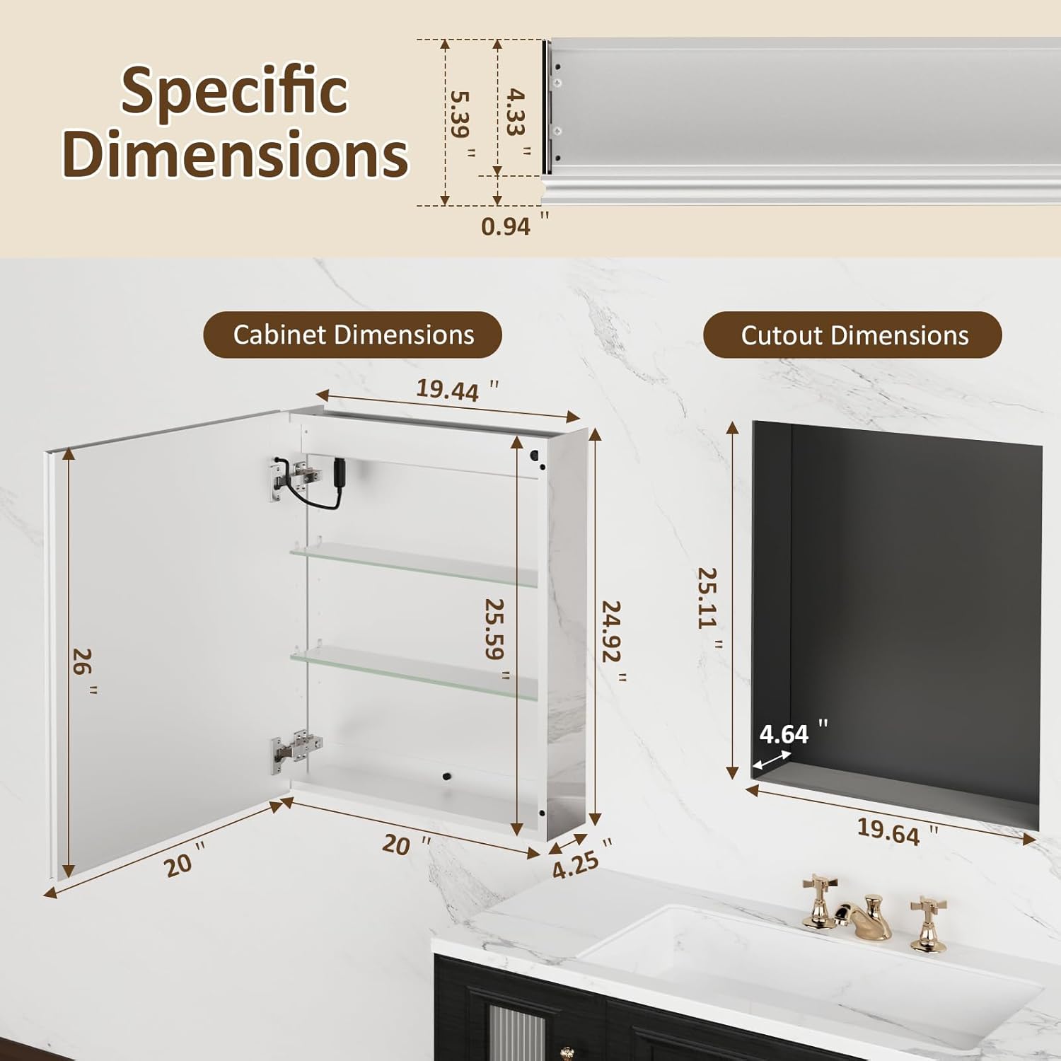 Lighted Medicine Cabinet with Mirror 20x26 IN, LED Medicine Cabinet Mirror with 3-Colors Dimmable Light, Defog, Medicine Cabinet with Lights Built-in Sensing Light, 2 Outlets, Recessed or Wall Mount