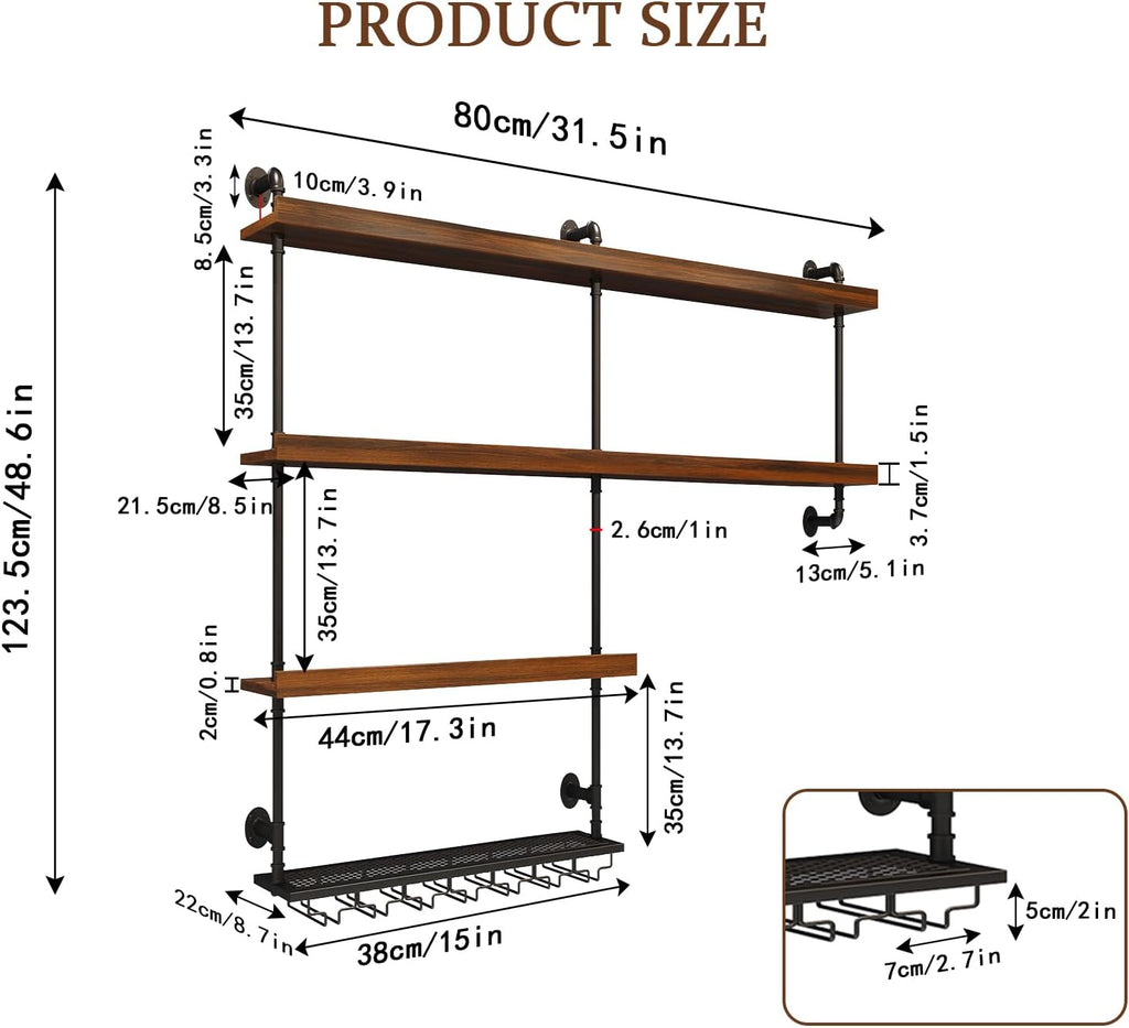 31.5in Solid Wood Wine Rack Wall Mounted, 4-Tier with LED Lights | Liquor Bottles Floating Shelves with Glass Holder, Industrial Wall Bar, Supports 440 lbs, Bar, Living Room, Dining Room, Cafe