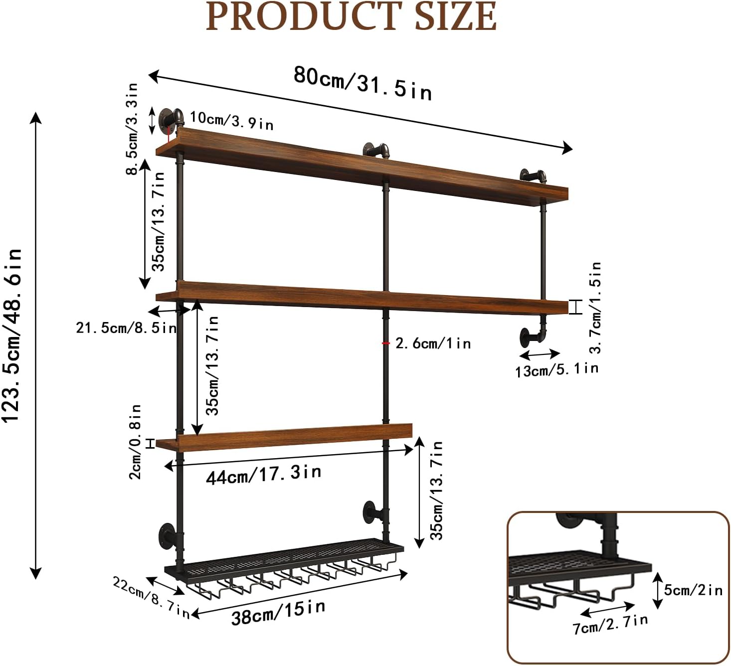 31.5in Solid Wood Wine Rack Wall Mounted, 4-Tier with LED Lights | Liquor Bottles Floating Shelves with Glass Holder, Industrial Wall Bar, Supports 440 lbs, Bar, Living Room, Dining Room, Cafe
