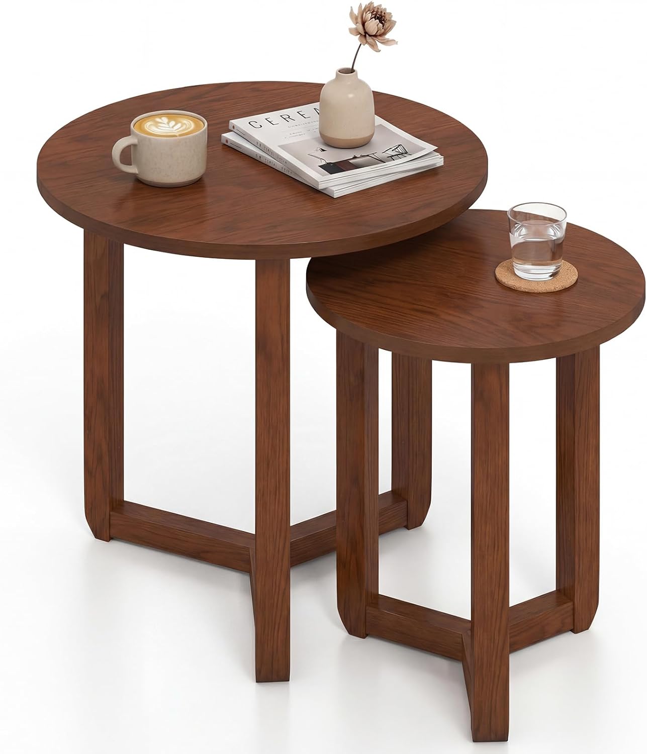 Giantex Round Nesting Coffee Table Set of 2, Wood Nesting End Tables with Thickened Top & Solid Rubber Wood Legs, Farmhouse Sofa Side Table for Small Spaces Living Room Bedroom (Walnut)