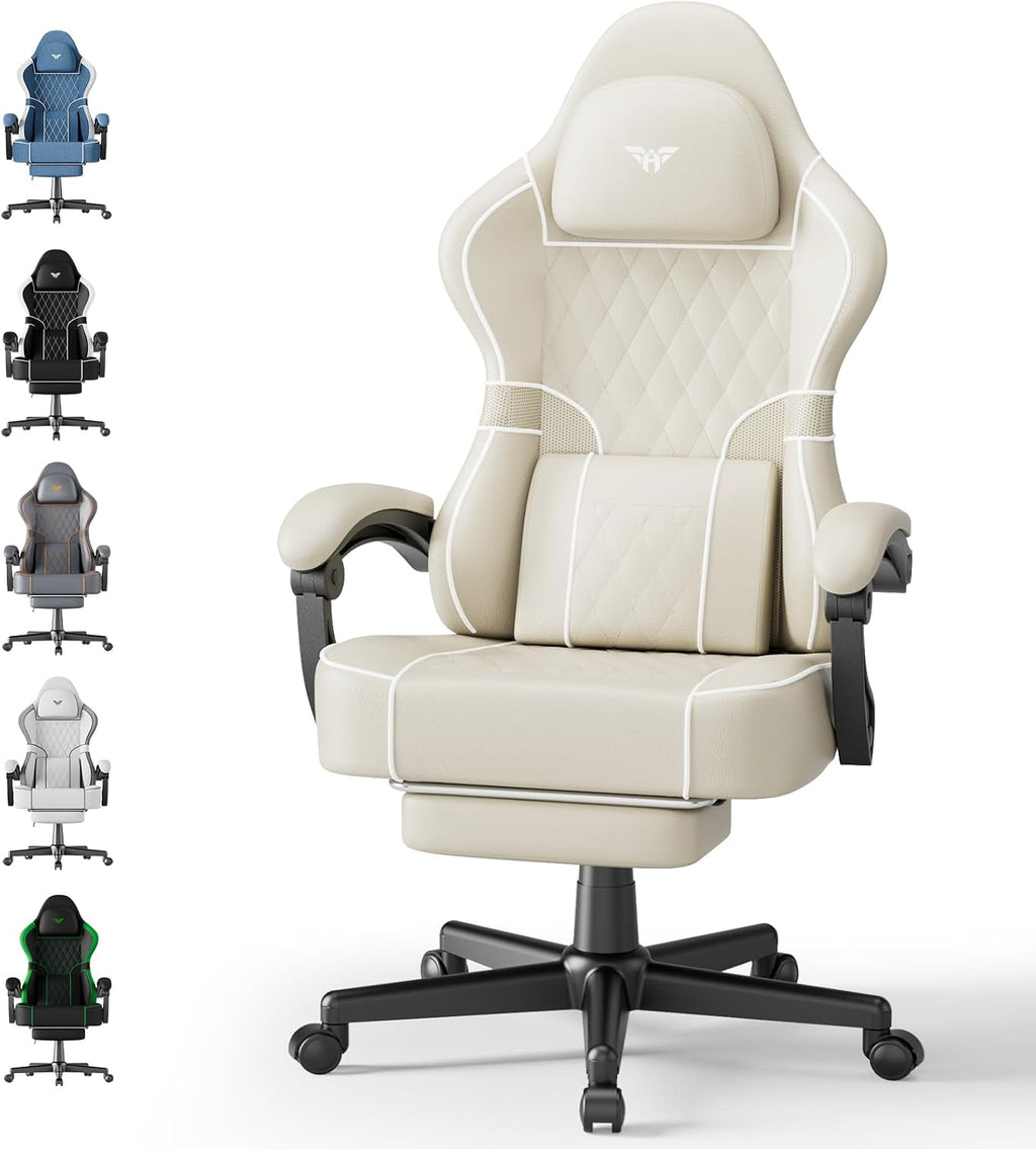 Ferghana Gaming Chair, Leather Comfortable Computer Chair with Footrest and Linkage Armrest, Ergonomic High Back Game Chair with Massage Lumbar Support for Adult, Beige