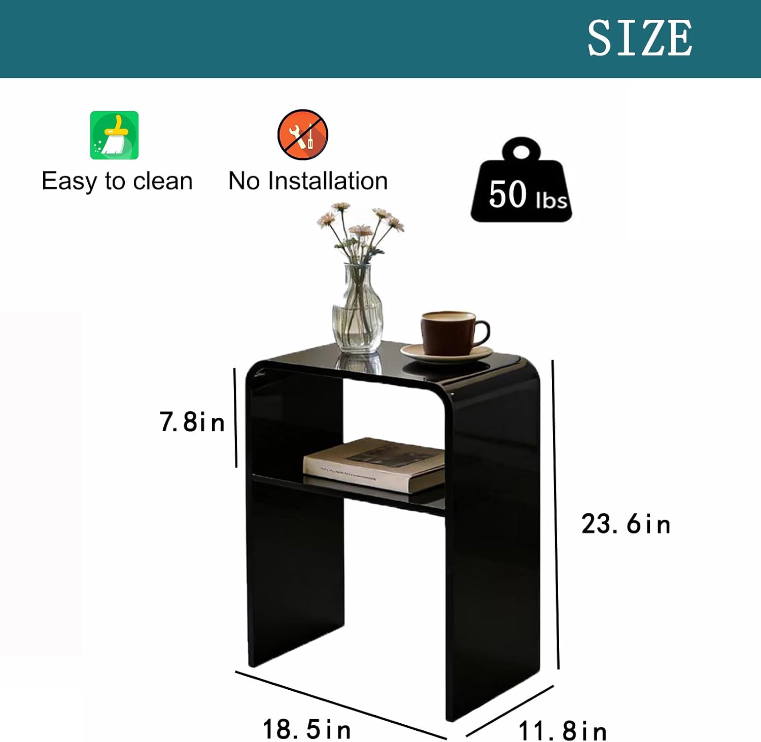 Acrylic 2-Tier End Table – 23.6”H Modern Nightstand with Shelf, Sturdy Bedside Storage for Bedroom, Living Room, Home Office, No Assembly Required (Black)