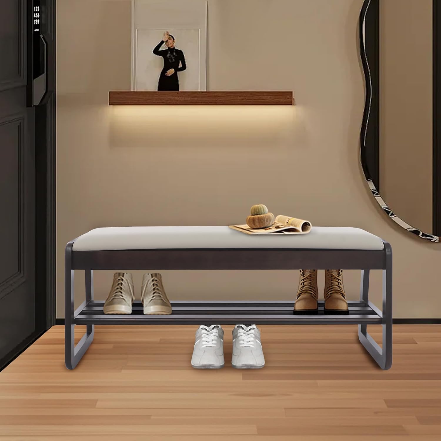Shoe Rack Bench with Cushion, 2-Tier Storage Bench for Entryway, Wooden Shoe Organizer Bench with Hidden Storage & Comfortable Seat for Living Room, Bedroom, Hallway (Walnut Color+ Beige)