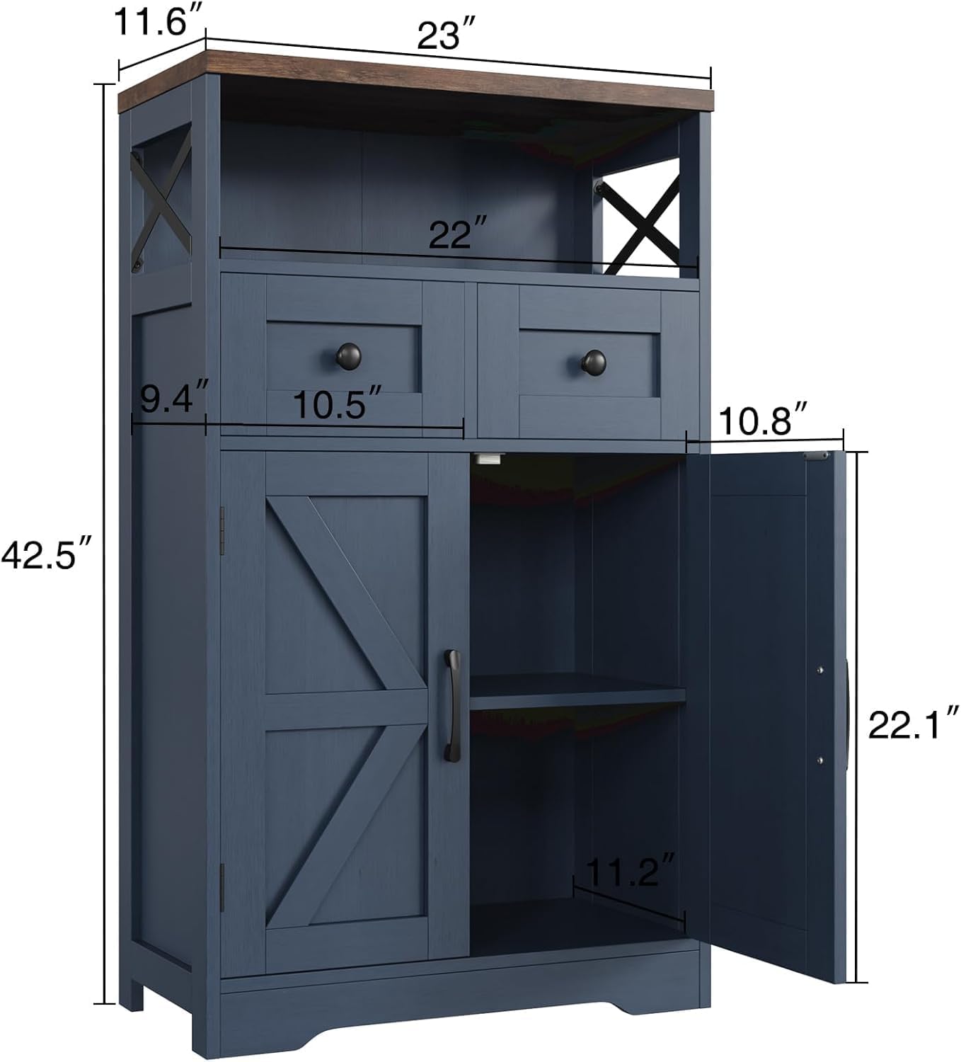 FiveWillowise Farmhouse Blue Storage Cabinet with Barn Doors and Drawers, Small Freestanding Kitchen Pantry Cabinet, Hutch Cupboard for Kitchen, Laundry, Living Room,Bathroom